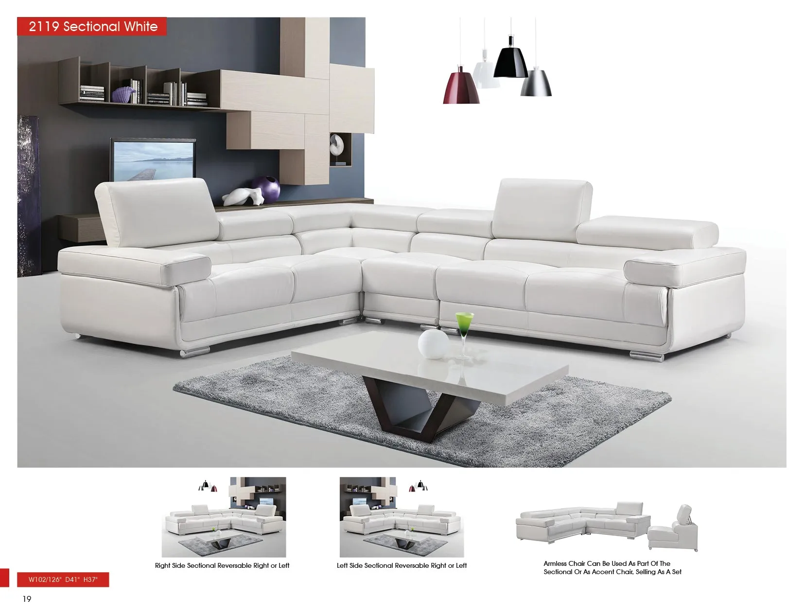 2119 White Convertible Configuration Sectional, Top Grain leather