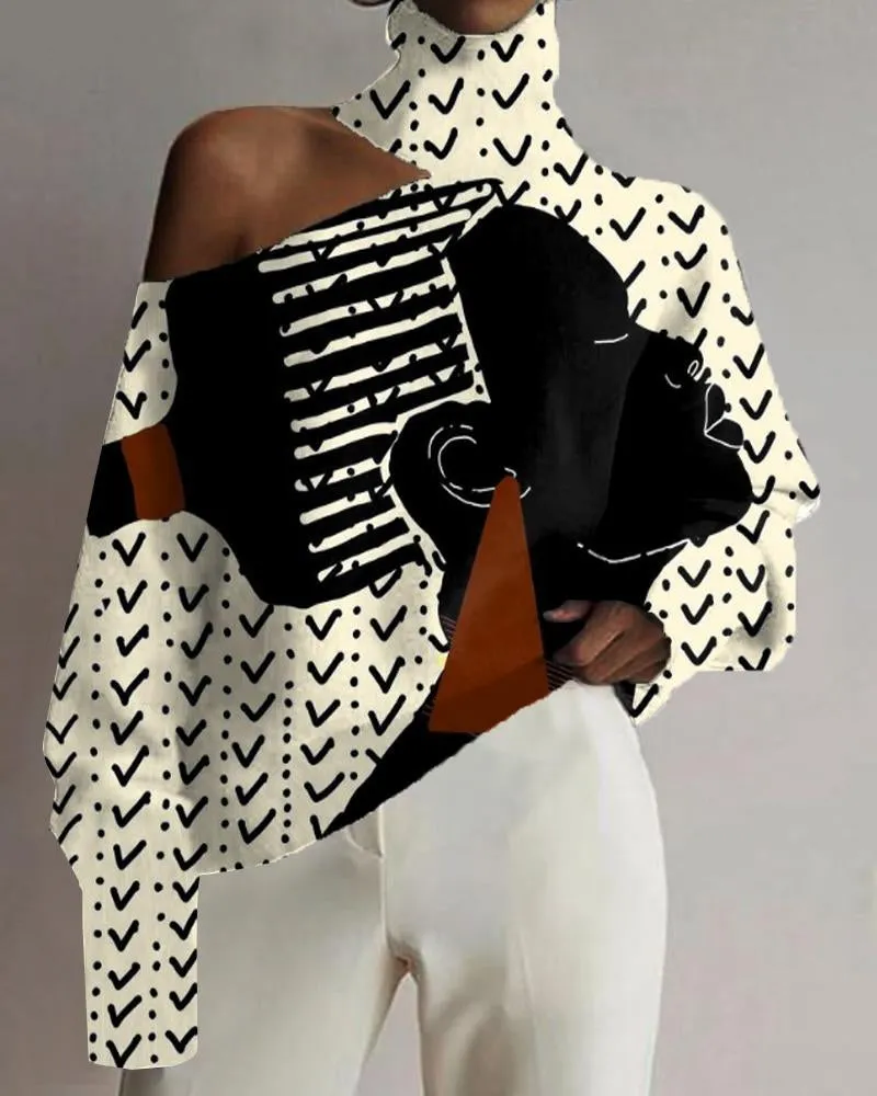 Artistic Colorblock Black Head Print Hollow Turtleneck Top