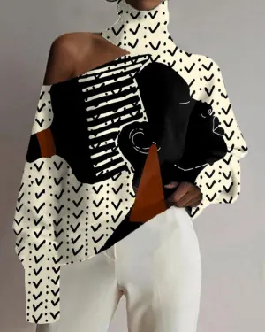 Artistic Colorblock Black Head Print Hollow Turtleneck Top