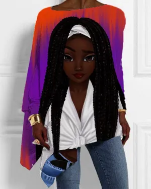 Black Girl Cartoon Gradient Personality Print with Irregular Hem Ladies Top