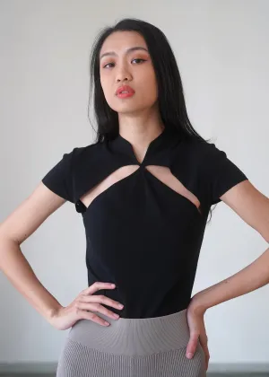 Cap Sleeves Cut Out Mandarin Collar Top (Black)
