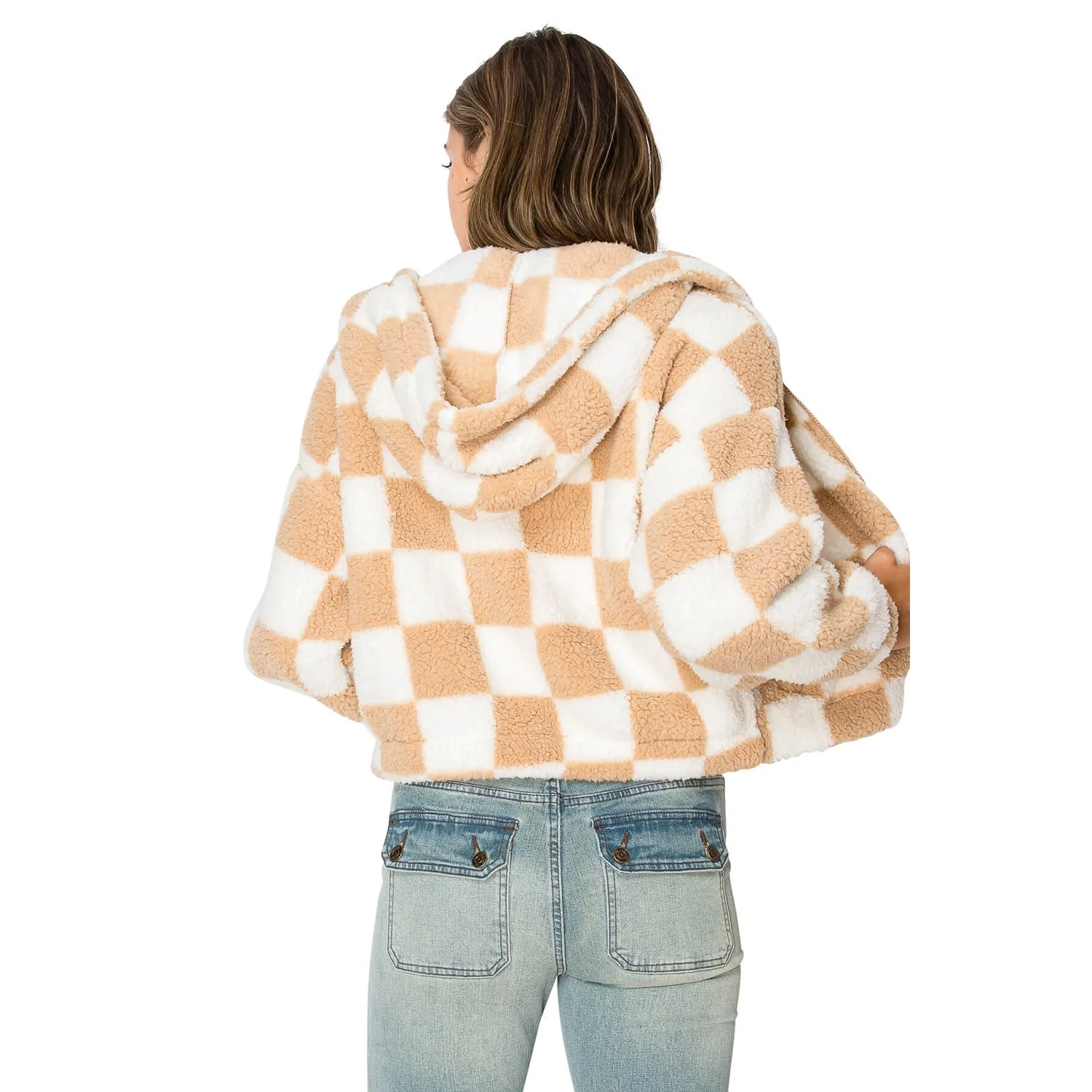 Checkerboard Sherpa Hooded Jacket - Sand