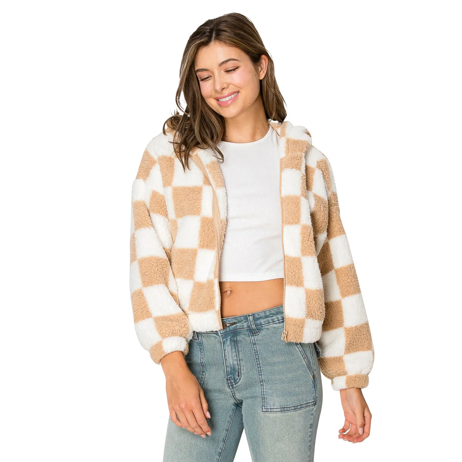 Checkerboard Sherpa Hooded Jacket - Sand