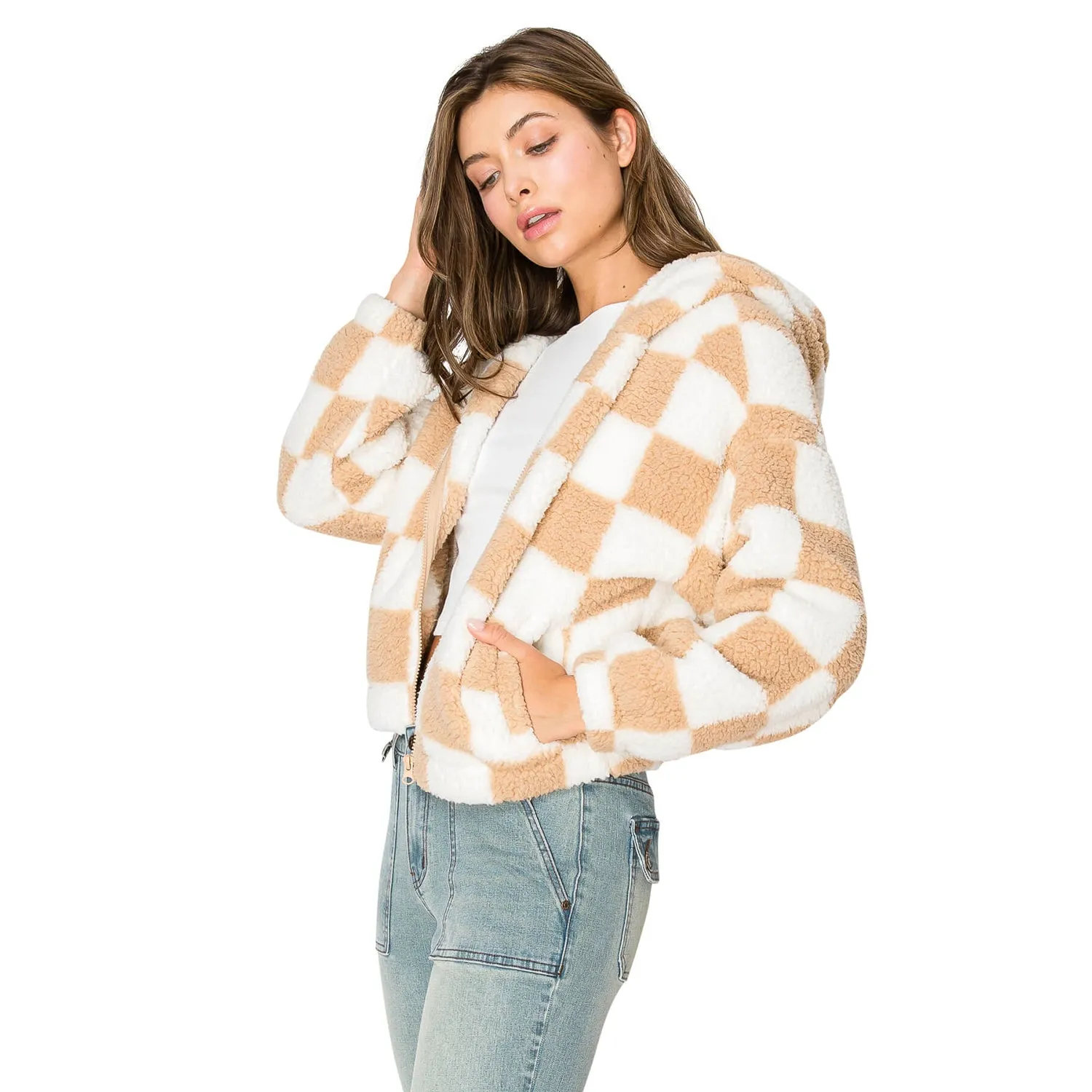 Checkerboard Sherpa Hooded Jacket - Sand