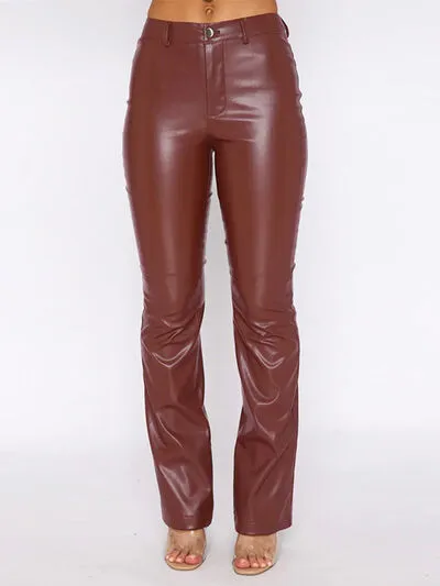 High Waist PU Leather Straight Pants