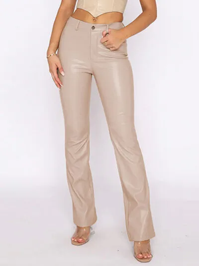 High Waist PU Leather Straight Pants