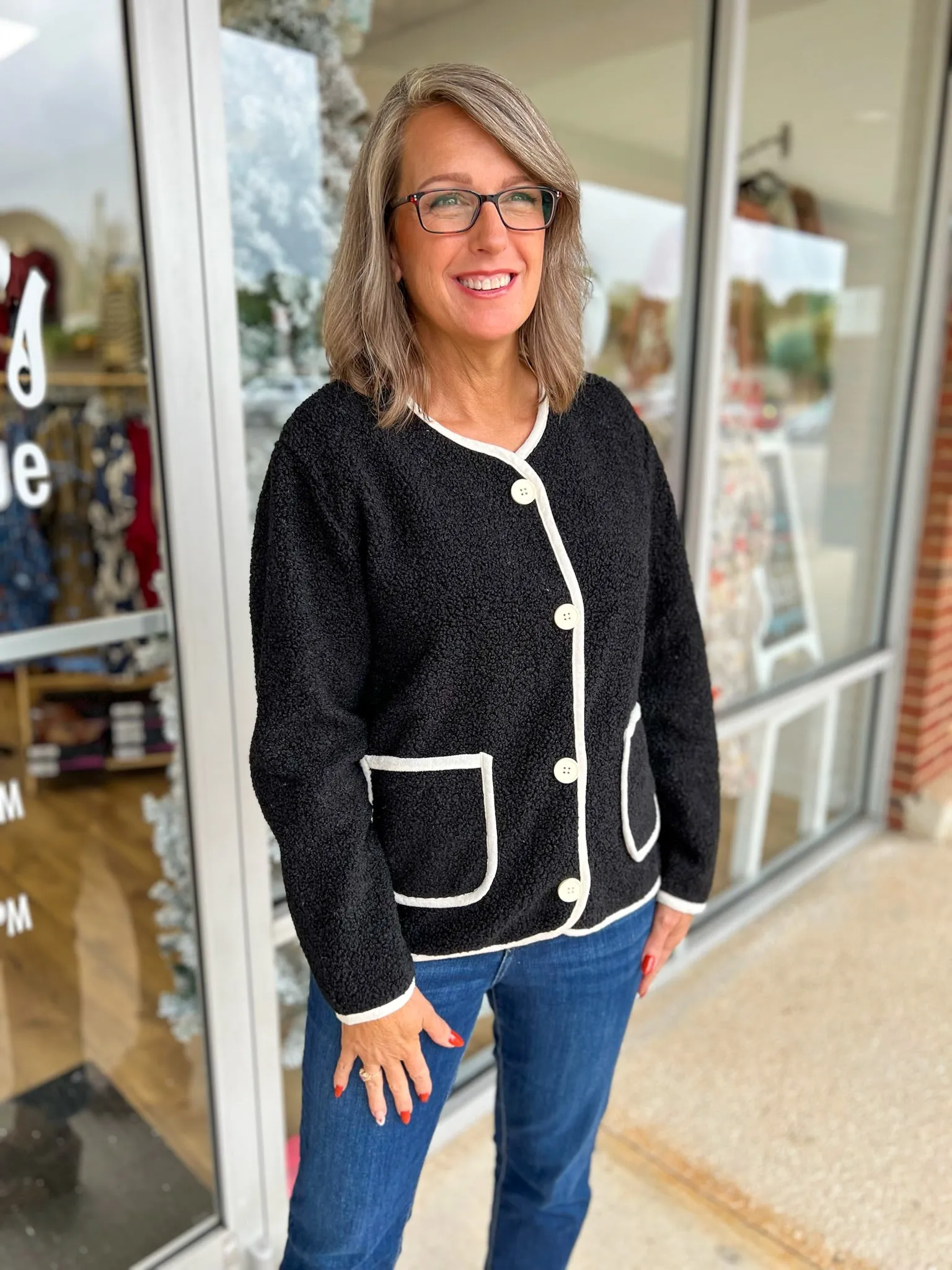 I Can Tell Black Button Up Sherpa Jacket with White Piping