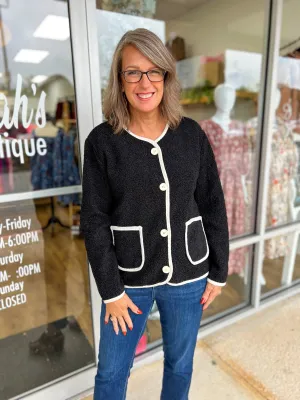 I Can Tell Black Button Up Sherpa Jacket with White Piping