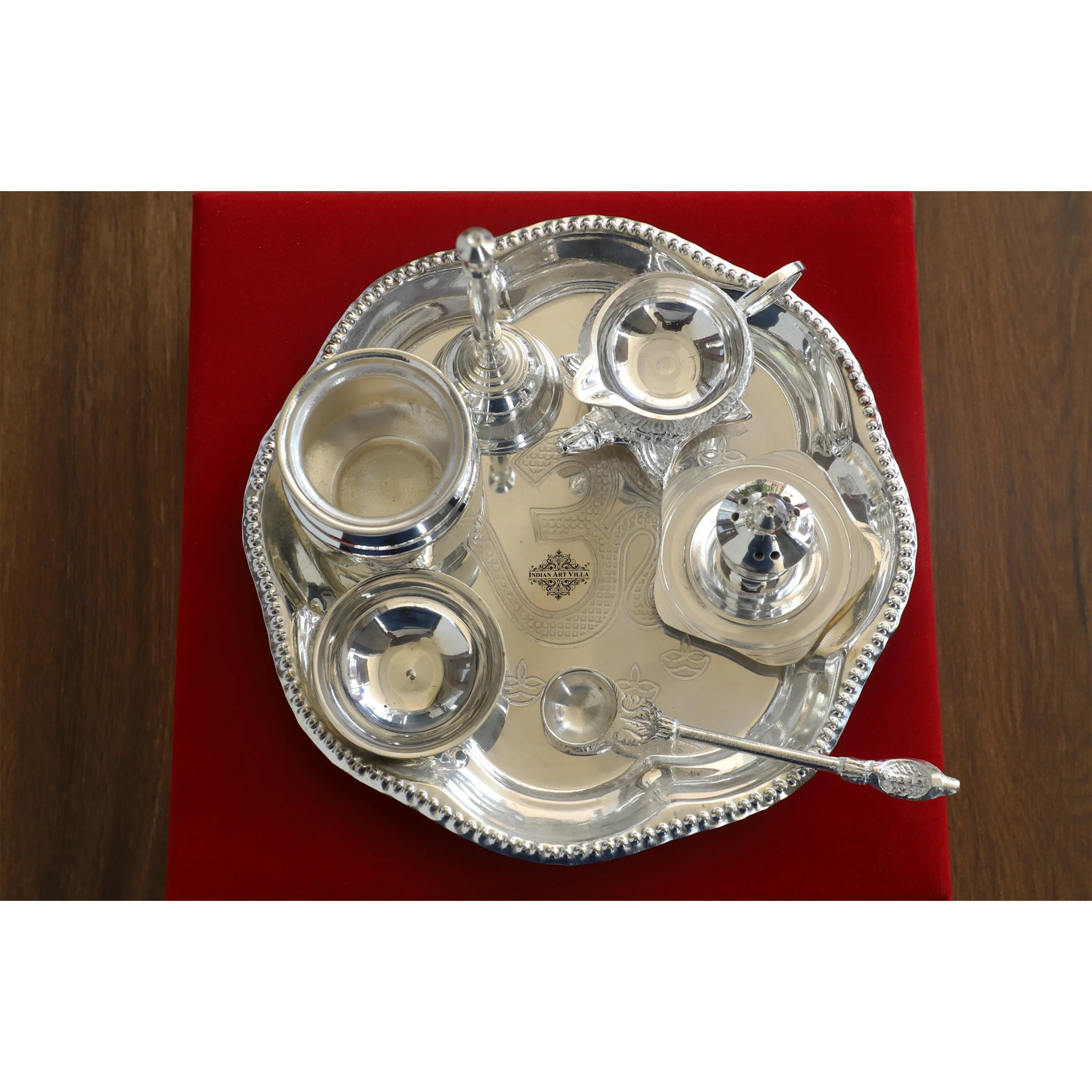 Indian Art Villa Handmade Decorative Silver Plated Om Design Pooja Thali Aarti Thali Set of 7 pieces with Gift Box Packing - Temple Workship Festivals Occasion Home Decore  Gift item