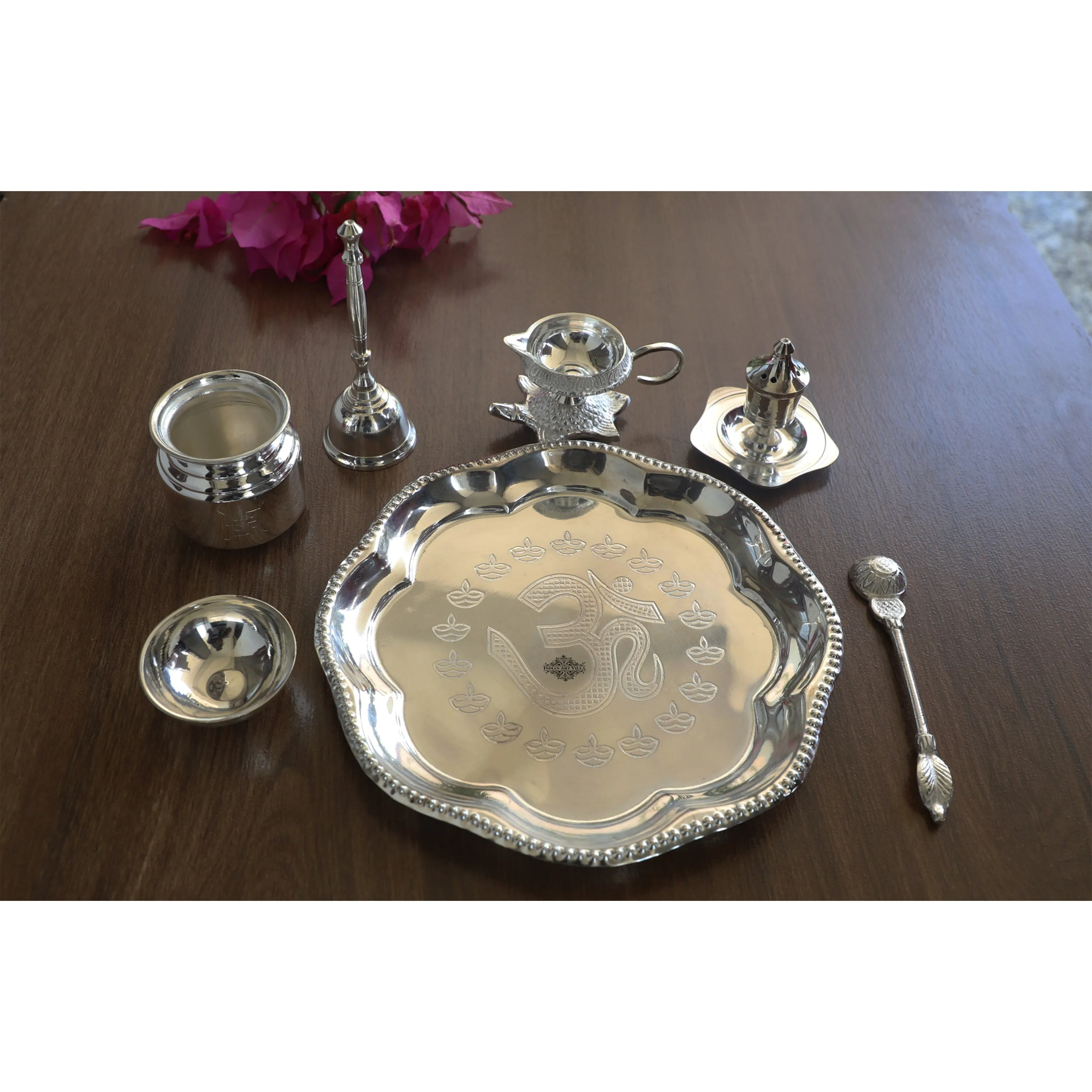 Indian Art Villa Handmade Decorative Silver Plated Om Design Pooja Thali Aarti Thali Set of 7 pieces with Gift Box Packing - Temple Workship Festivals Occasion Home Decore  Gift item