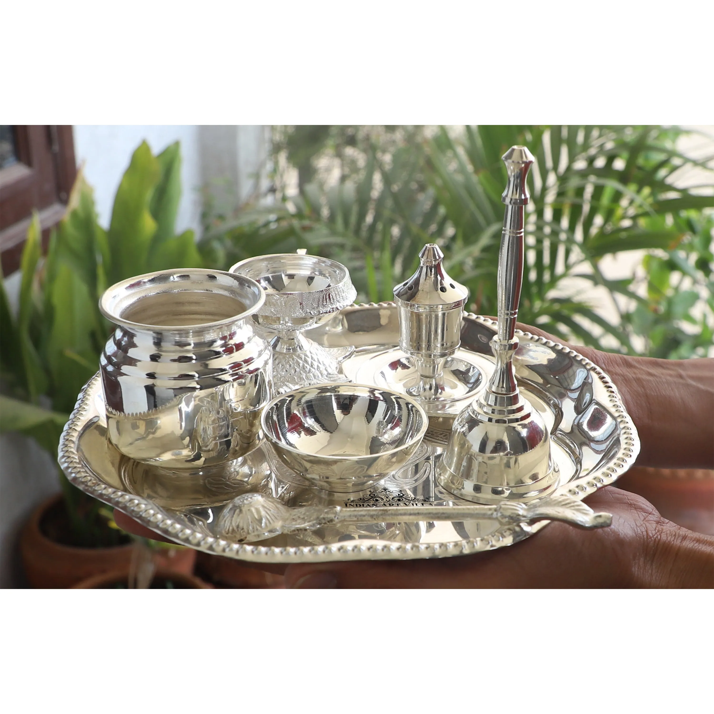 Indian Art Villa Handmade Decorative Silver Plated Om Design Pooja Thali Aarti Thali Set of 7 pieces with Gift Box Packing - Temple Workship Festivals Occasion Home Decore  Gift item