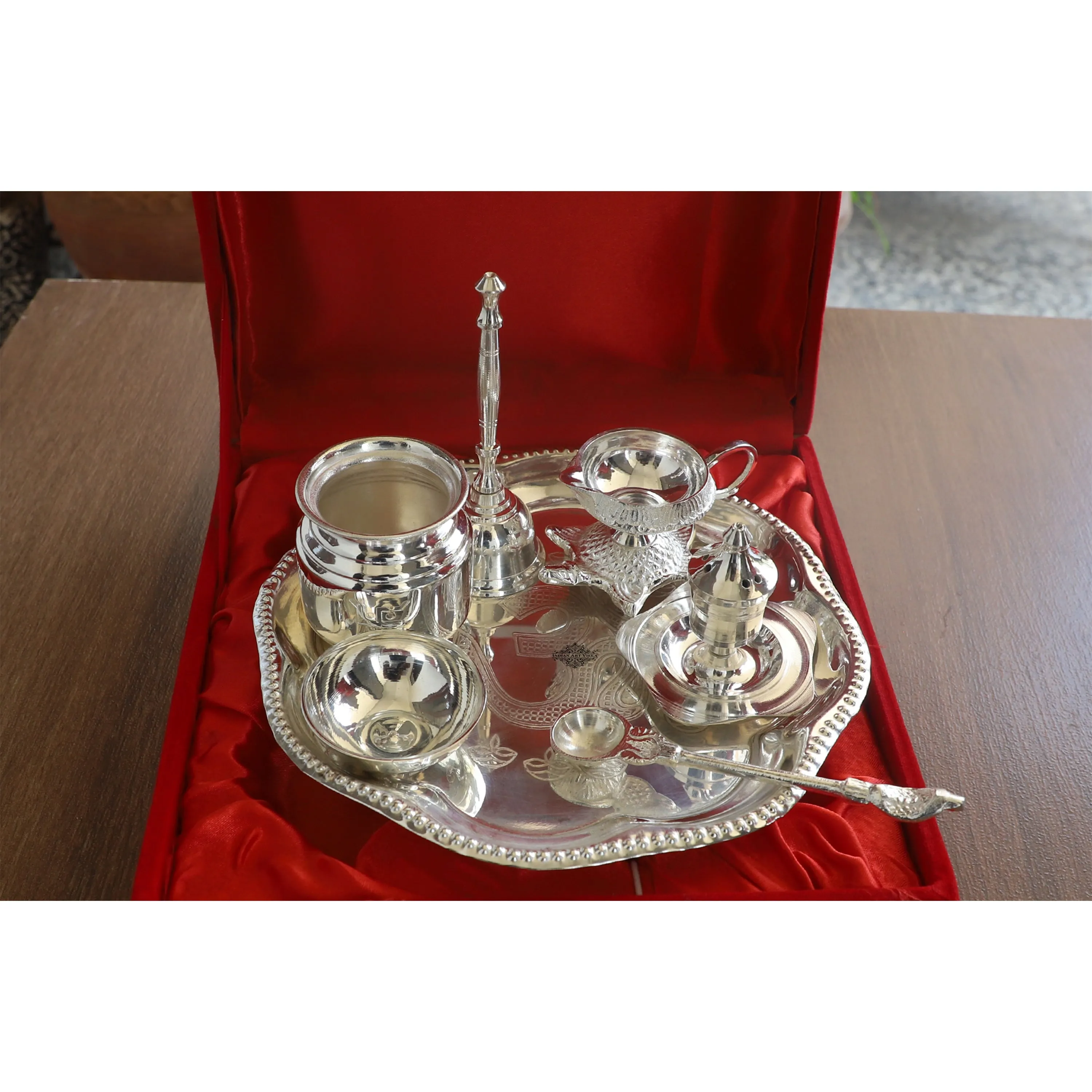Indian Art Villa Handmade Decorative Silver Plated Om Design Pooja Thali Aarti Thali Set of 7 pieces with Gift Box Packing - Temple Workship Festivals Occasion Home Decore  Gift item
