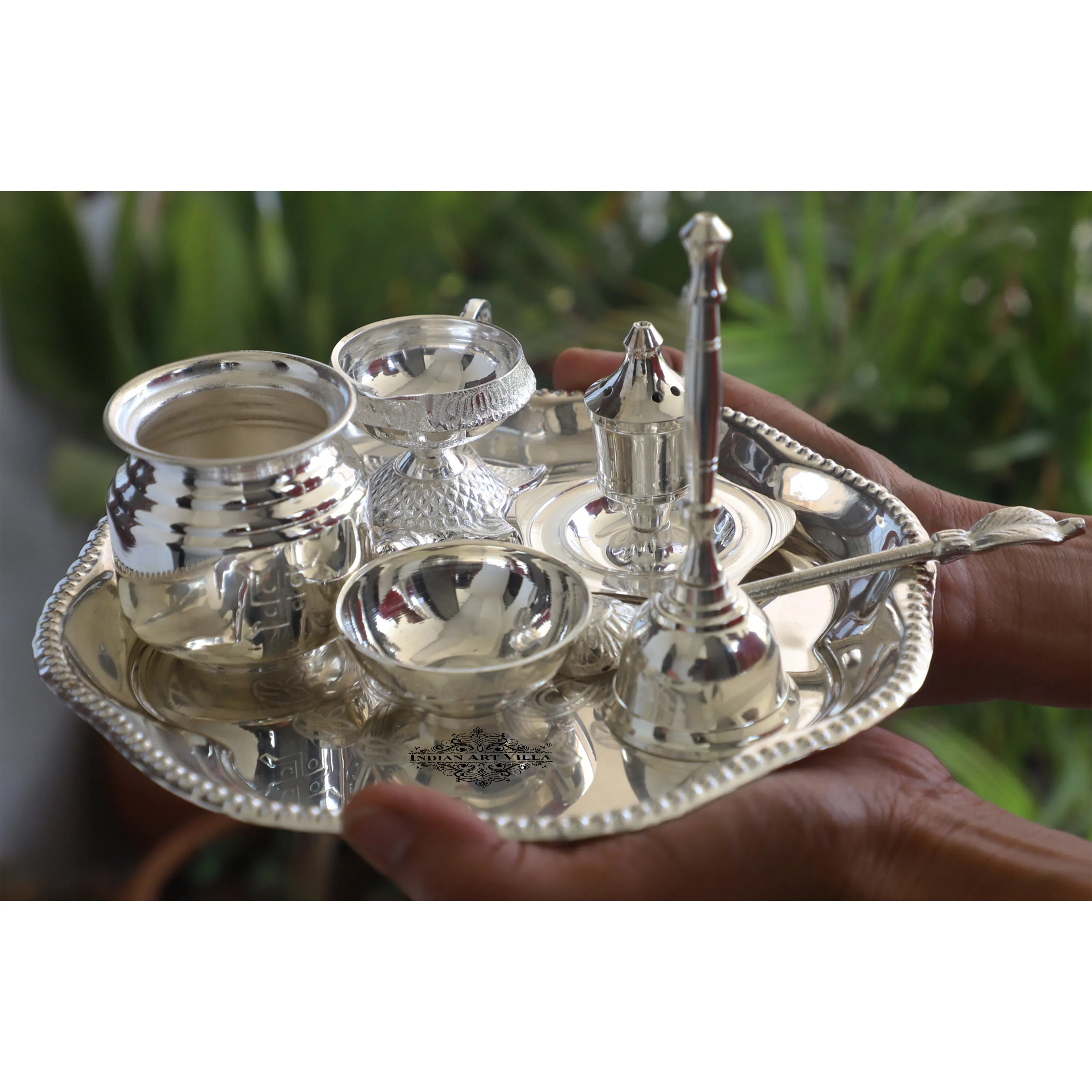 Indian Art Villa Handmade Decorative Silver Plated Om Design Pooja Thali Aarti Thali Set of 7 pieces with Gift Box Packing - Temple Workship Festivals Occasion Home Decore  Gift item