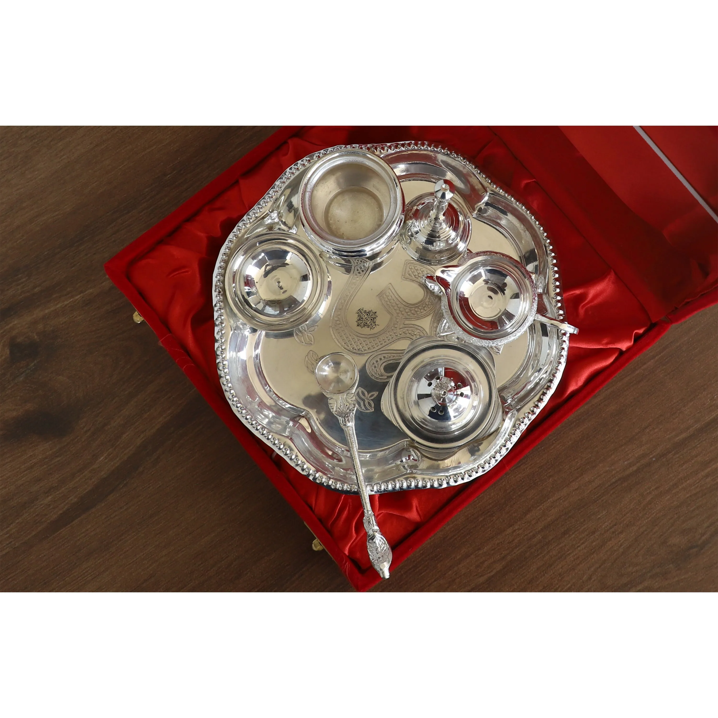 Indian Art Villa Handmade Decorative Silver Plated Om Design Pooja Thali Aarti Thali Set of 7 pieces with Gift Box Packing - Temple Workship Festivals Occasion Home Decore  Gift item