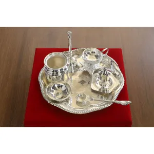 Indian Art Villa Handmade Decorative Silver Plated Om Design Pooja Thali Aarti Thali Set of 7 pieces with Gift Box Packing - Temple Workship Festivals Occasion Home Decore  Gift item