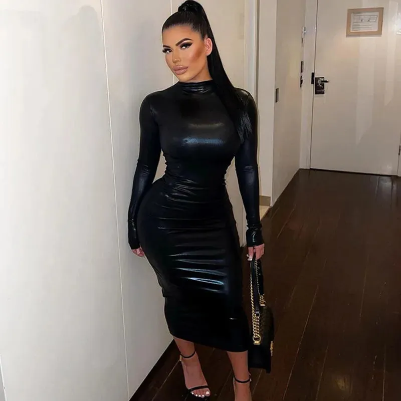 Lila – Long Sleeve PU Bodycon Midi Dress
