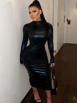 Lila – Long Sleeve PU Bodycon Midi Dress