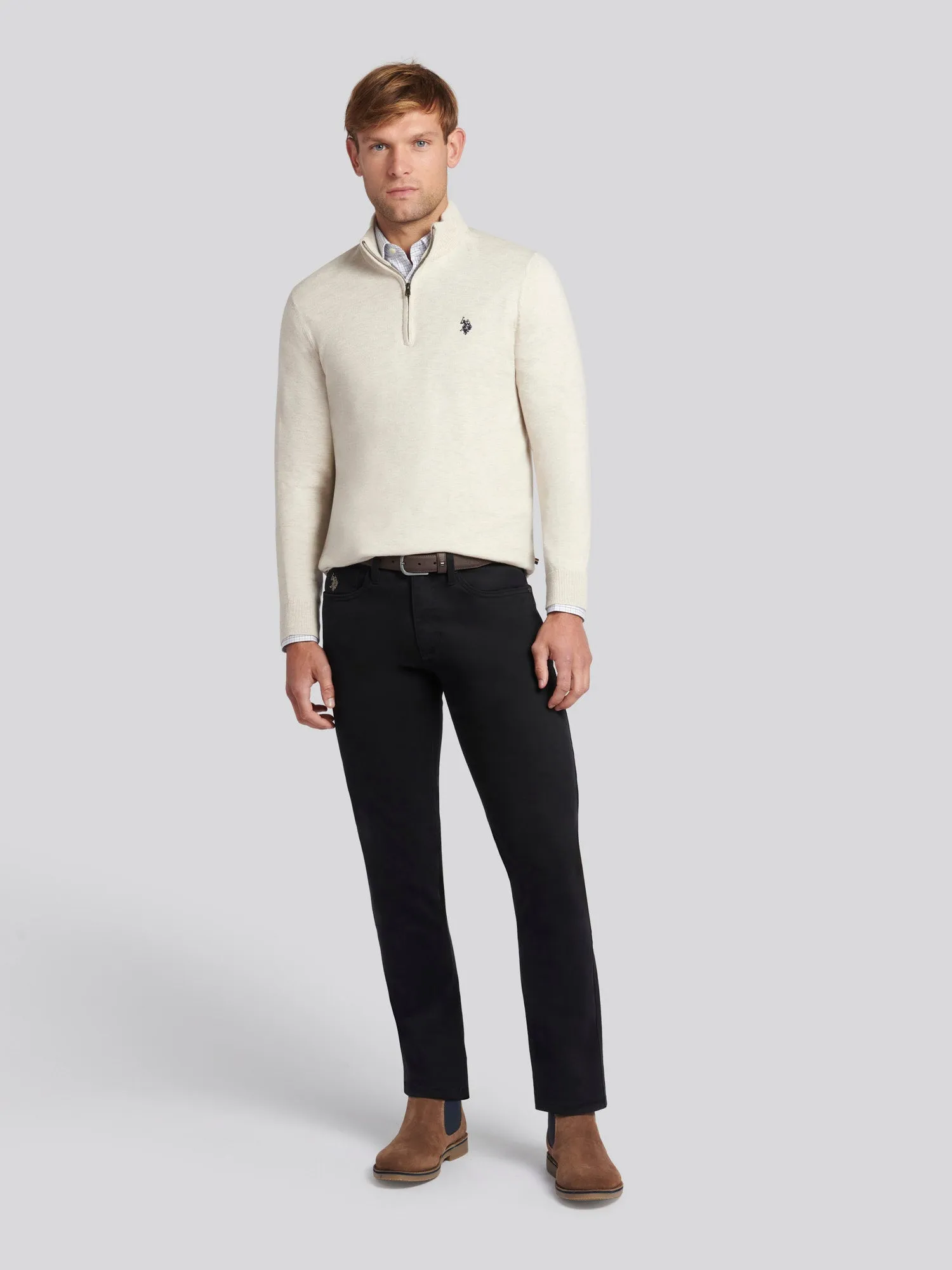 Mens Cotton Funnel Neck 1/4 Zip Knit in Birch Marl