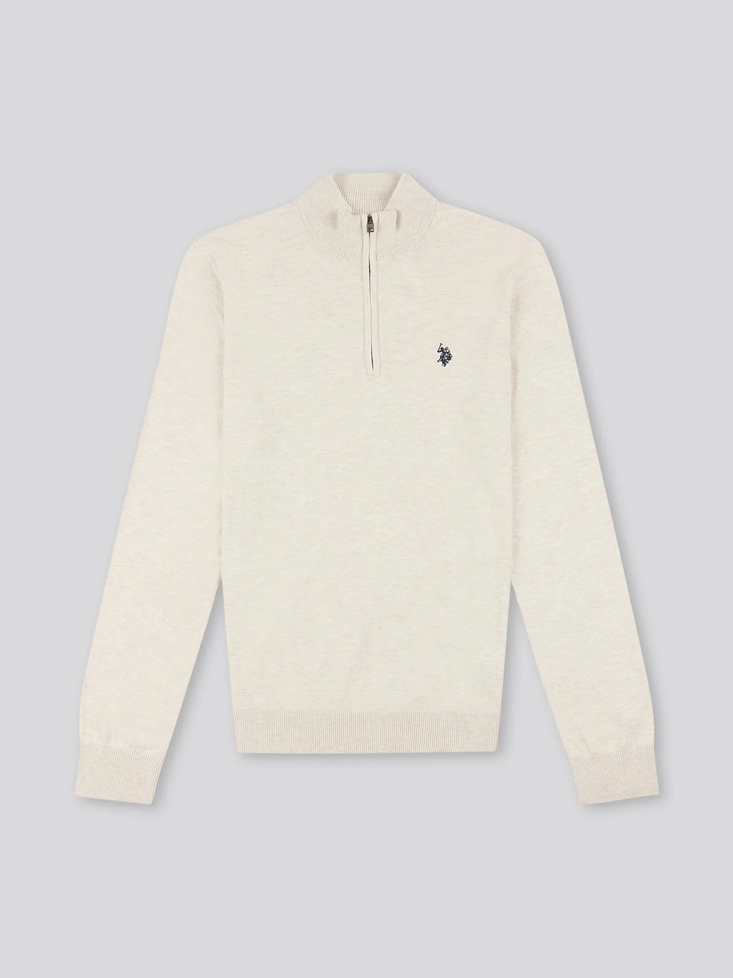 Mens Cotton Funnel Neck 1/4 Zip Knit in Birch Marl