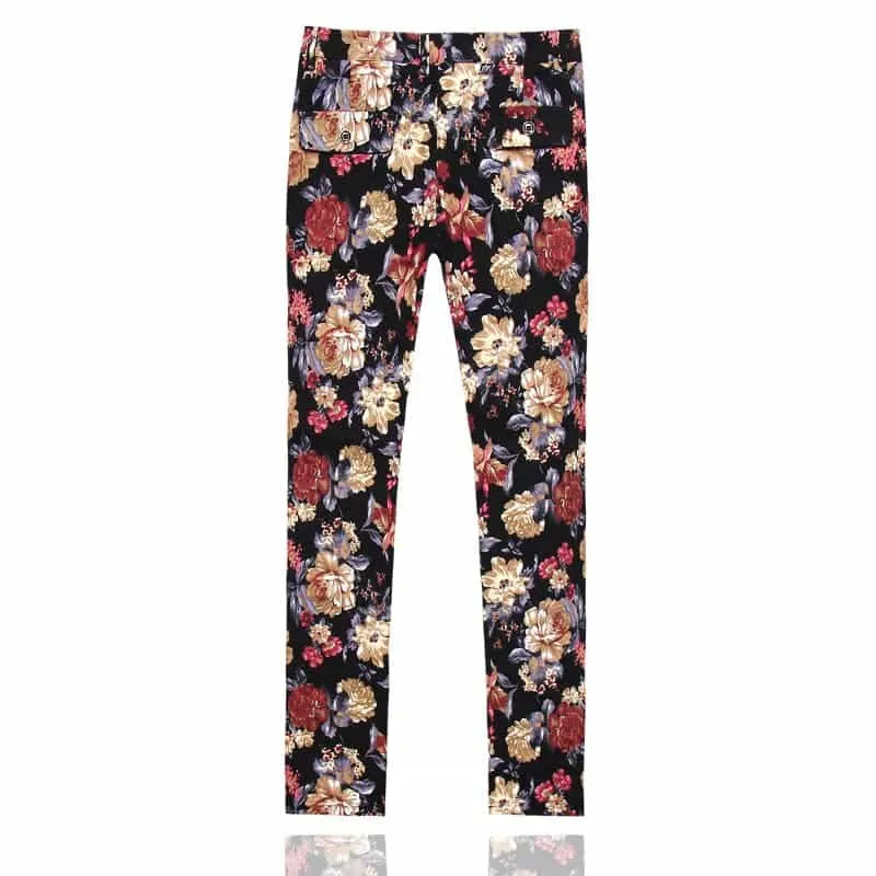 Mens Slim Fit Flat Printed Front Pants Stylish Floral Trousers For Prom Wedding Dress Party