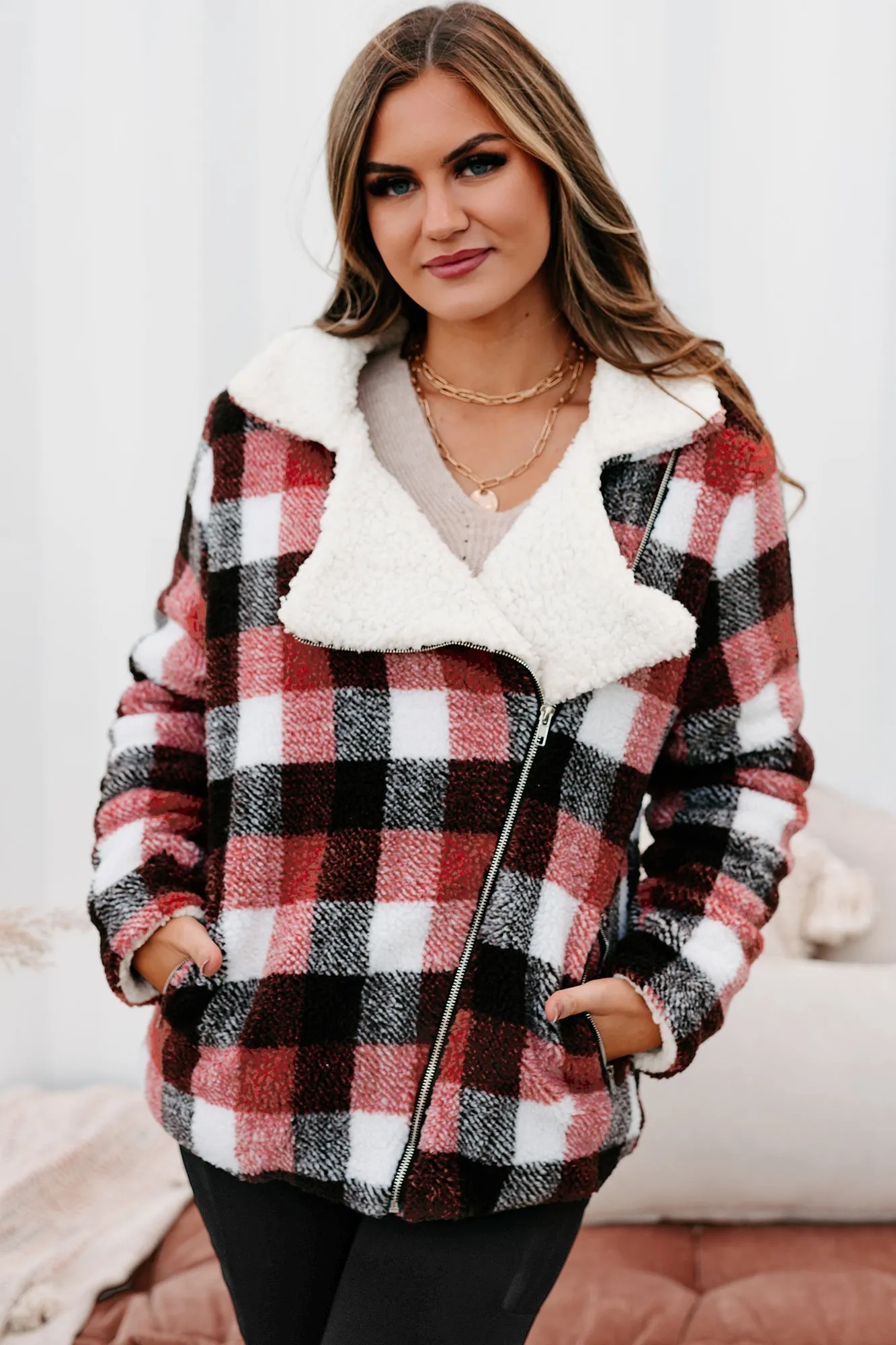 Mountain Memories Plaid Sherpa Jacket (Rust)