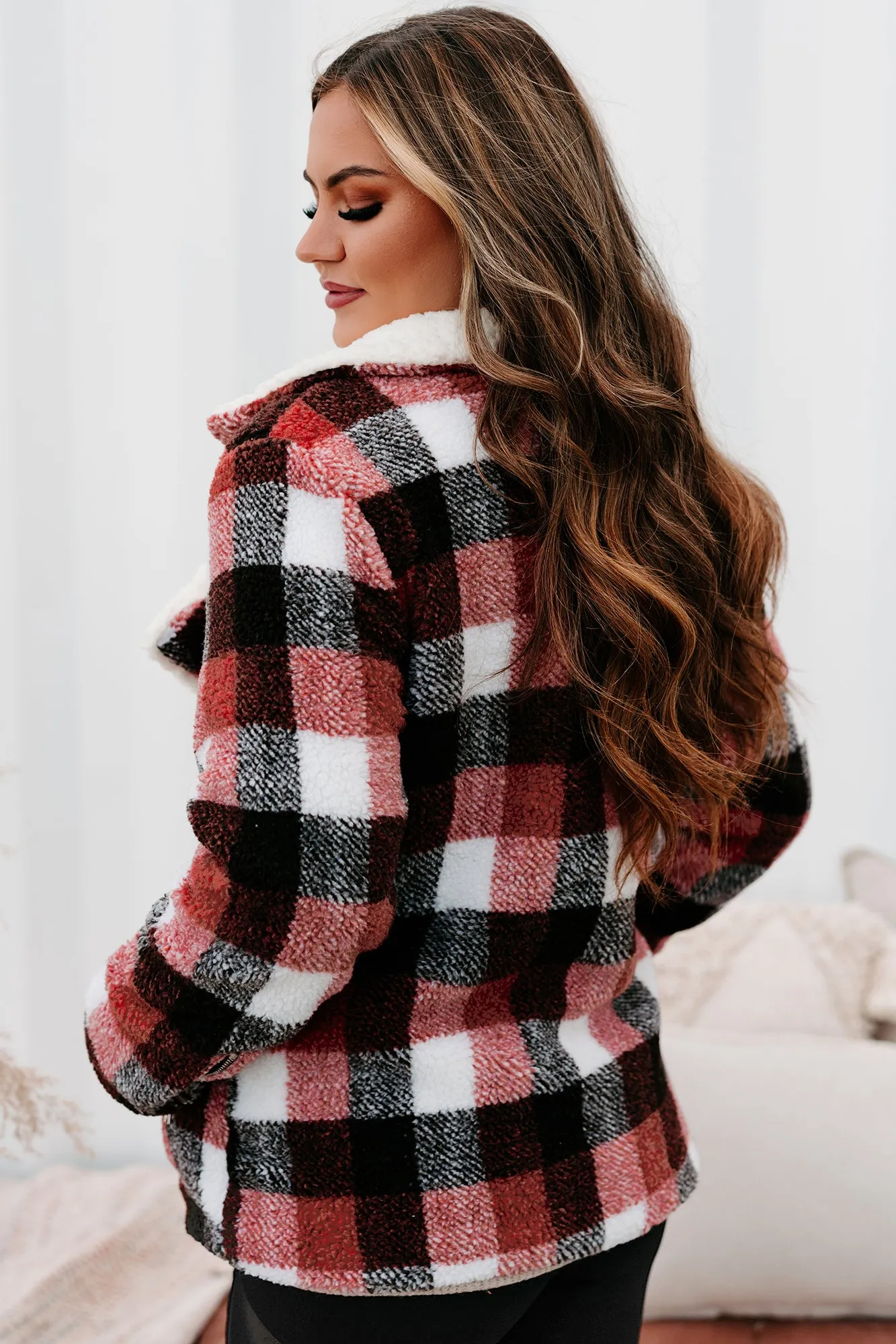 Mountain Memories Plaid Sherpa Jacket (Rust)