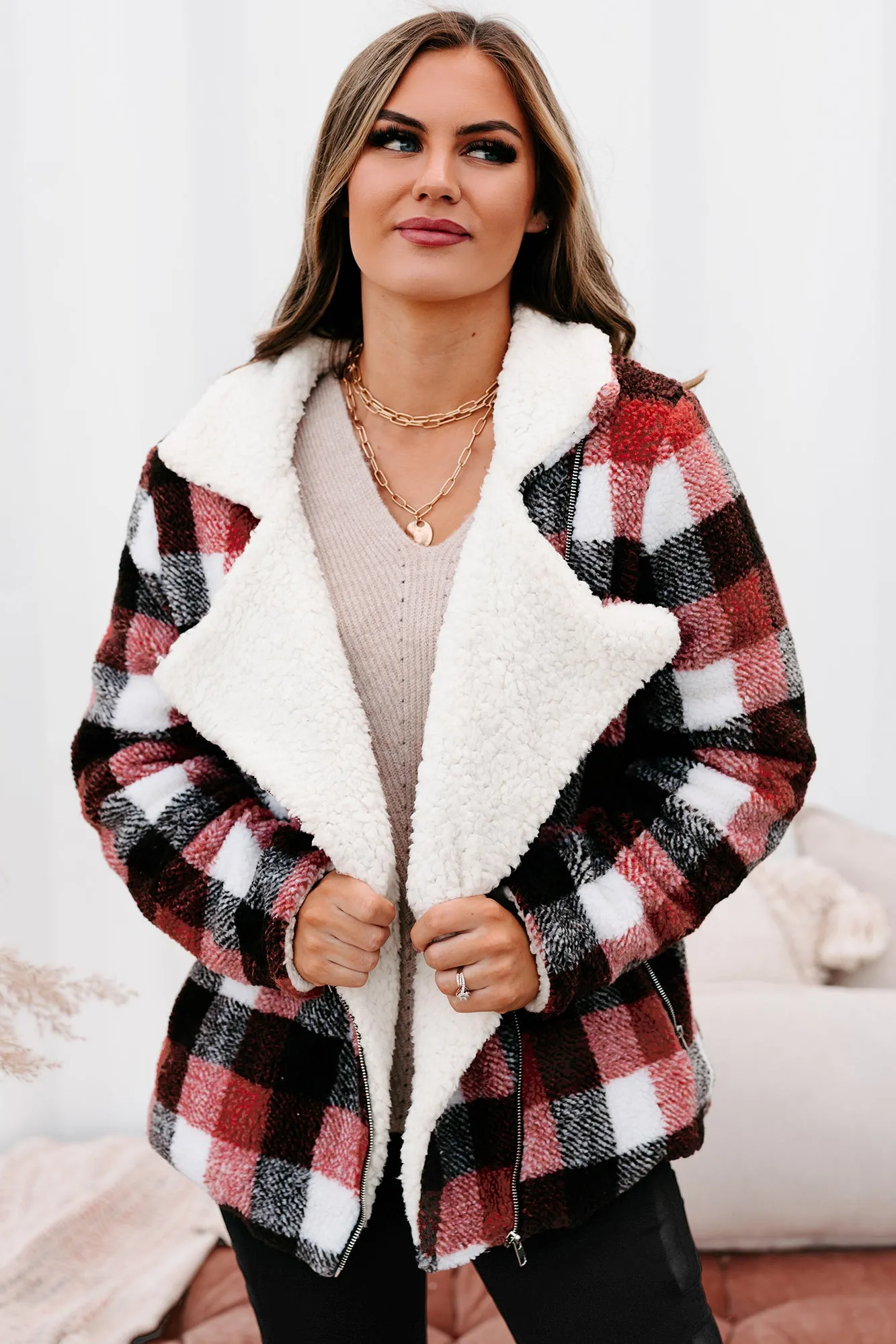 Mountain Memories Plaid Sherpa Jacket (Rust)