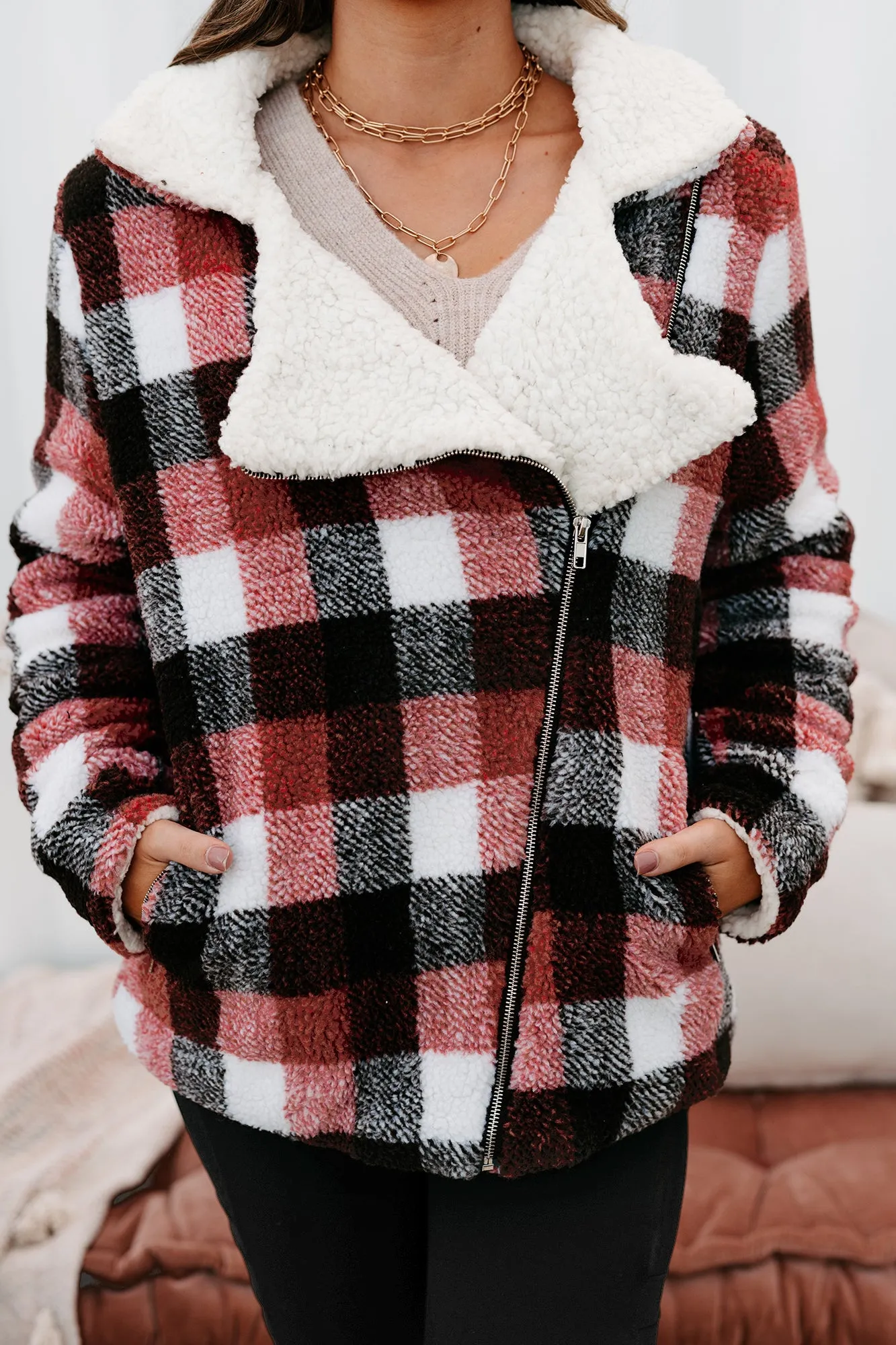 Mountain Memories Plaid Sherpa Jacket (Rust)