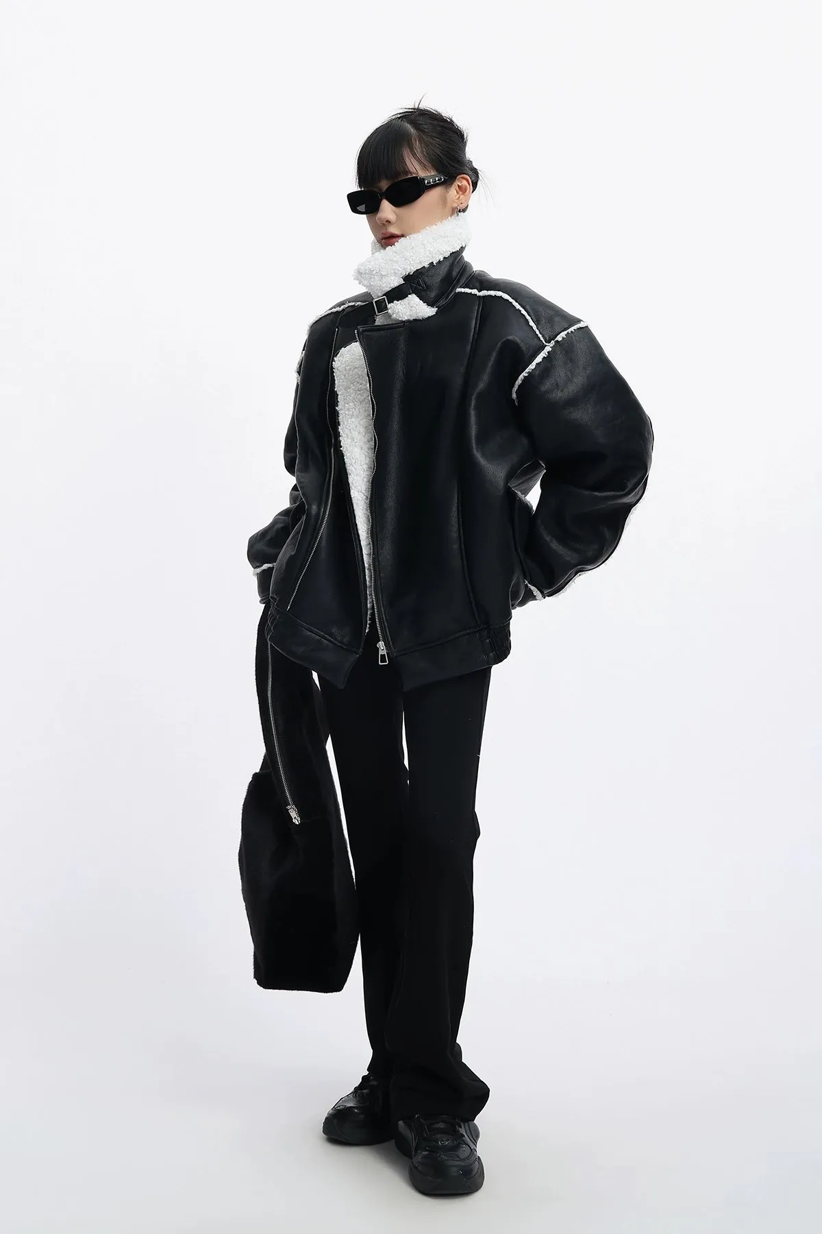 Oversized Faux Leather Jacket with Sherpa Lining and Trim