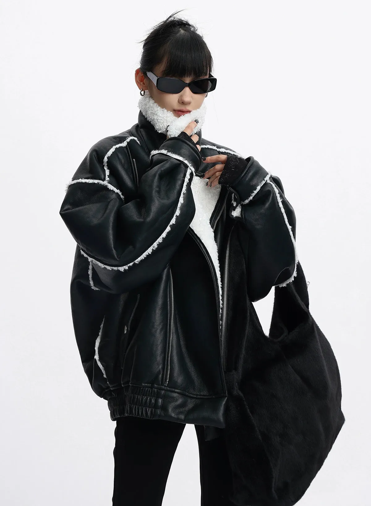 Oversized Faux Leather Jacket with Sherpa Lining and Trim