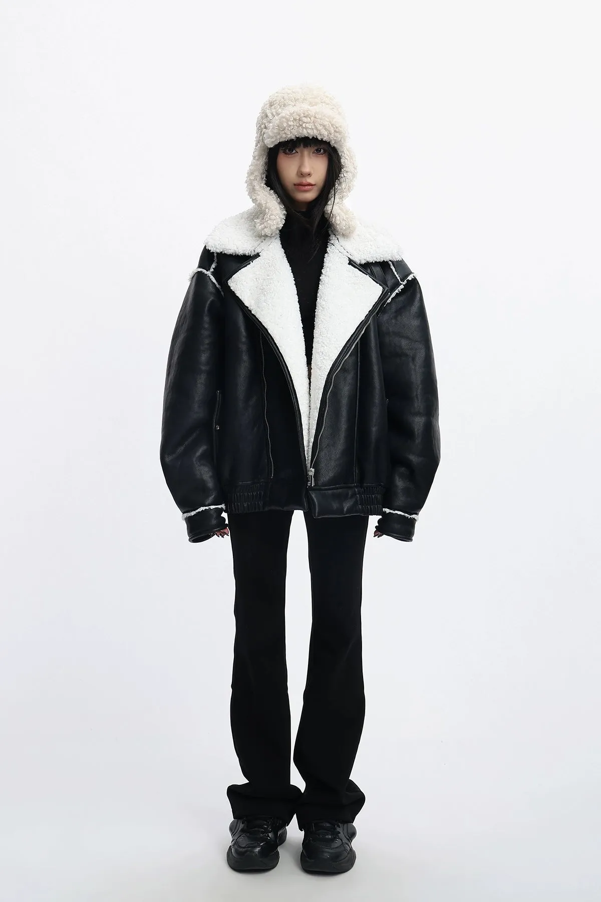 Oversized Faux Leather Jacket with Sherpa Lining and Trim