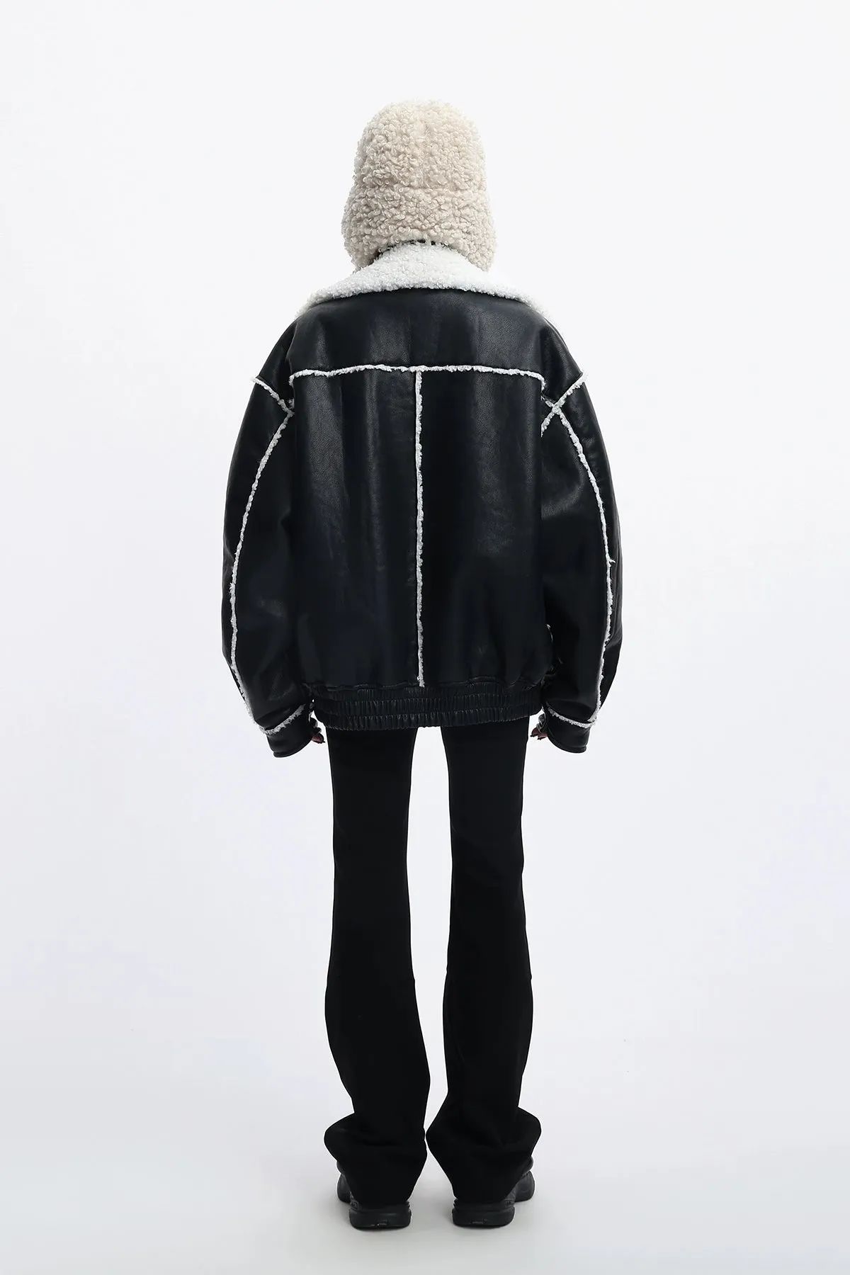 Oversized Faux Leather Jacket with Sherpa Lining and Trim