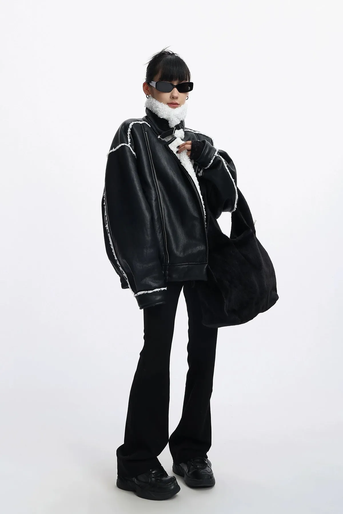 Oversized Faux Leather Jacket with Sherpa Lining and Trim