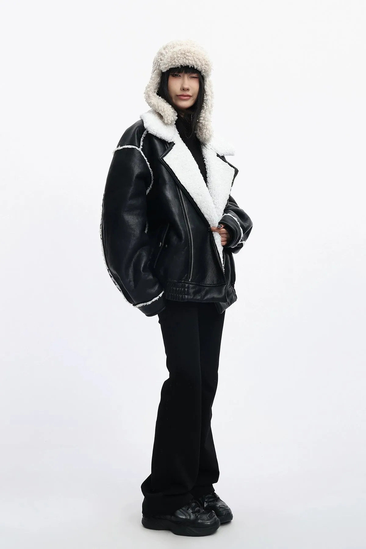 Oversized Faux Leather Jacket with Sherpa Lining and Trim