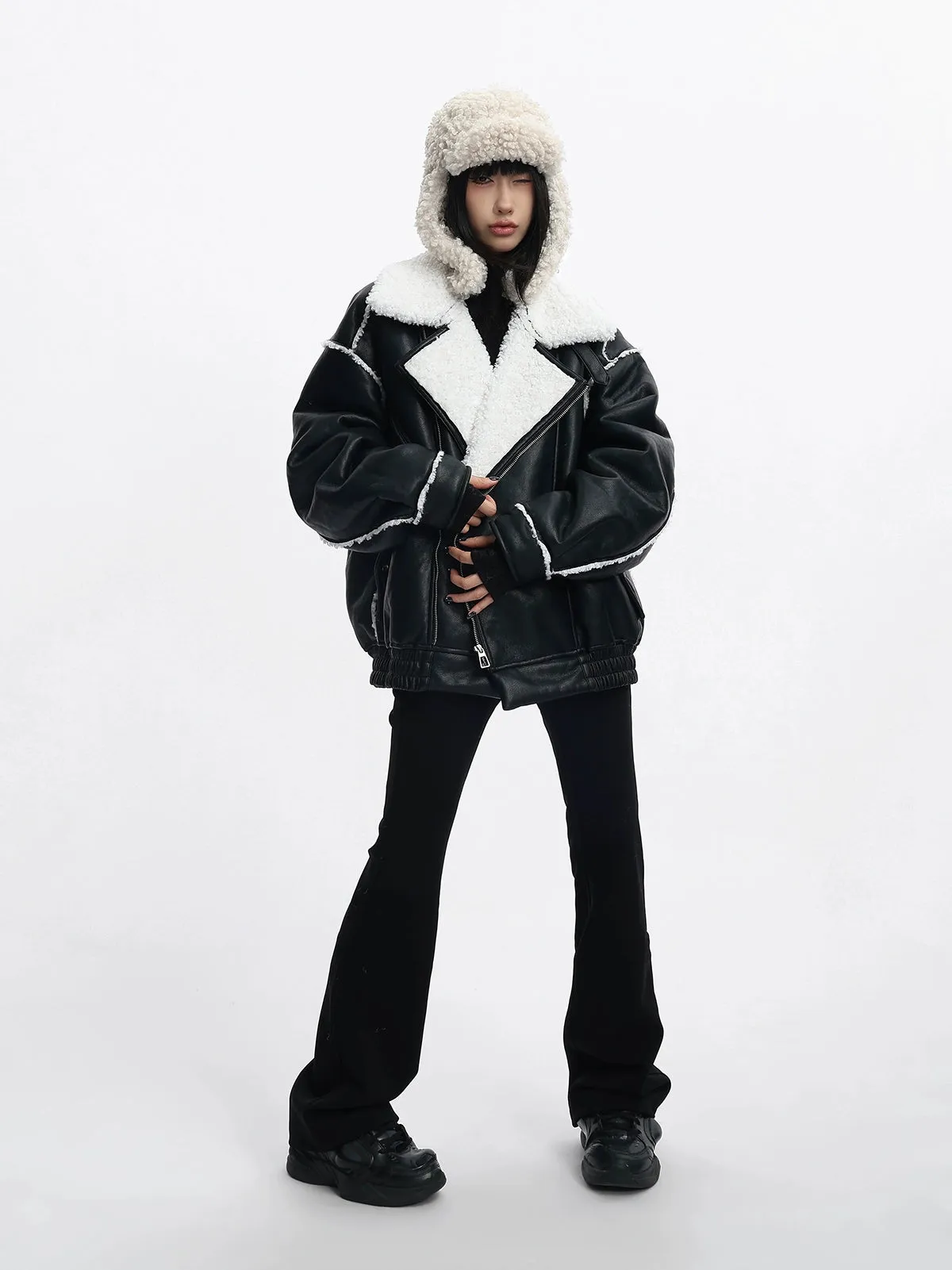 Oversized Faux Leather Jacket with Sherpa Lining and Trim