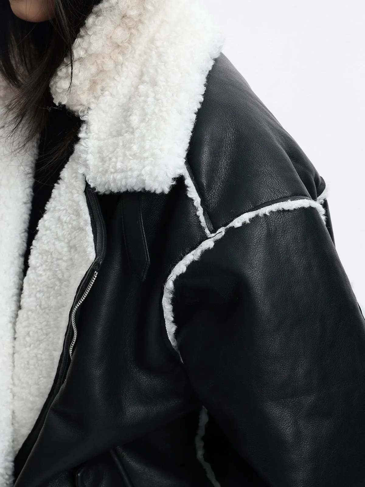 Oversized Faux Leather Jacket with Sherpa Lining and Trim