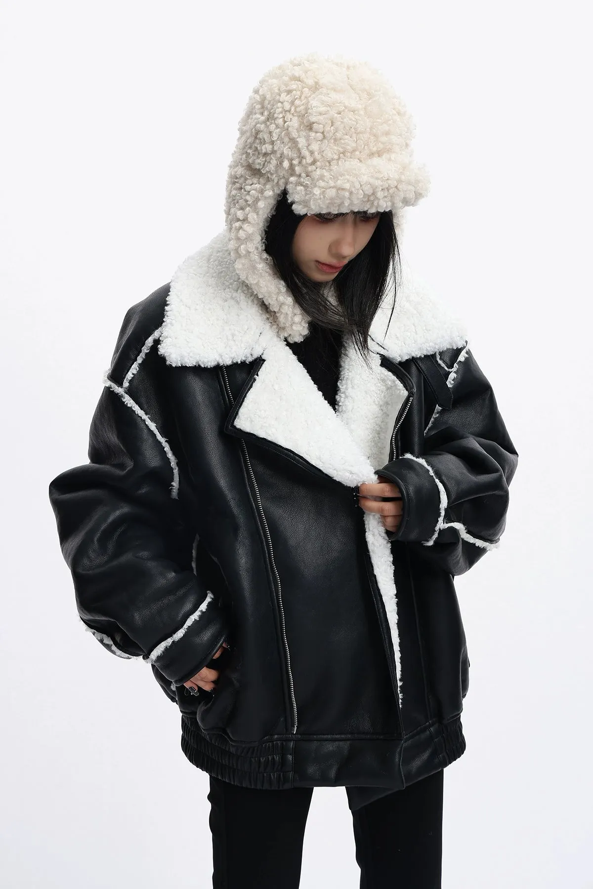Oversized Faux Leather Jacket with Sherpa Lining and Trim