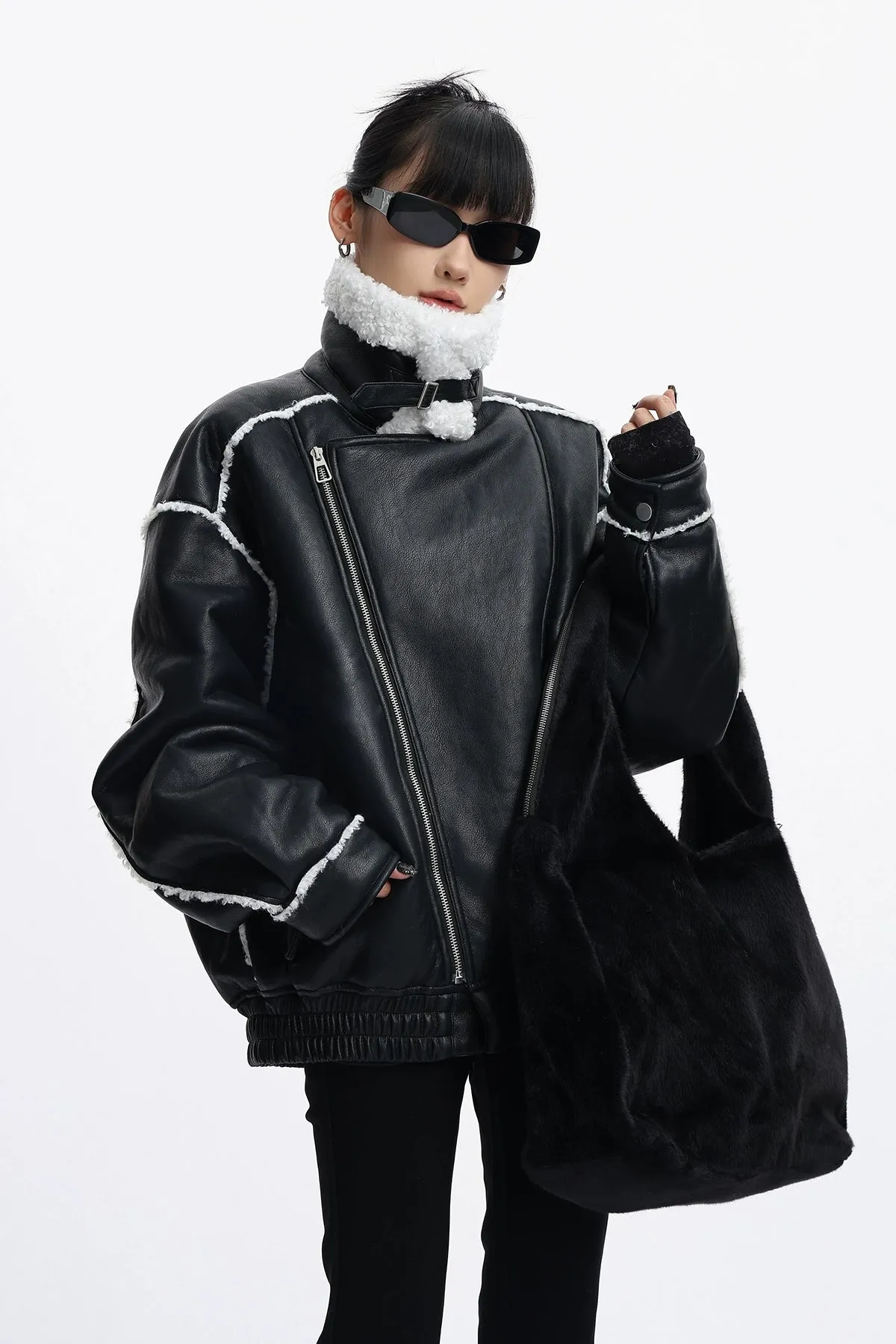 Oversized Faux Leather Jacket with Sherpa Lining and Trim