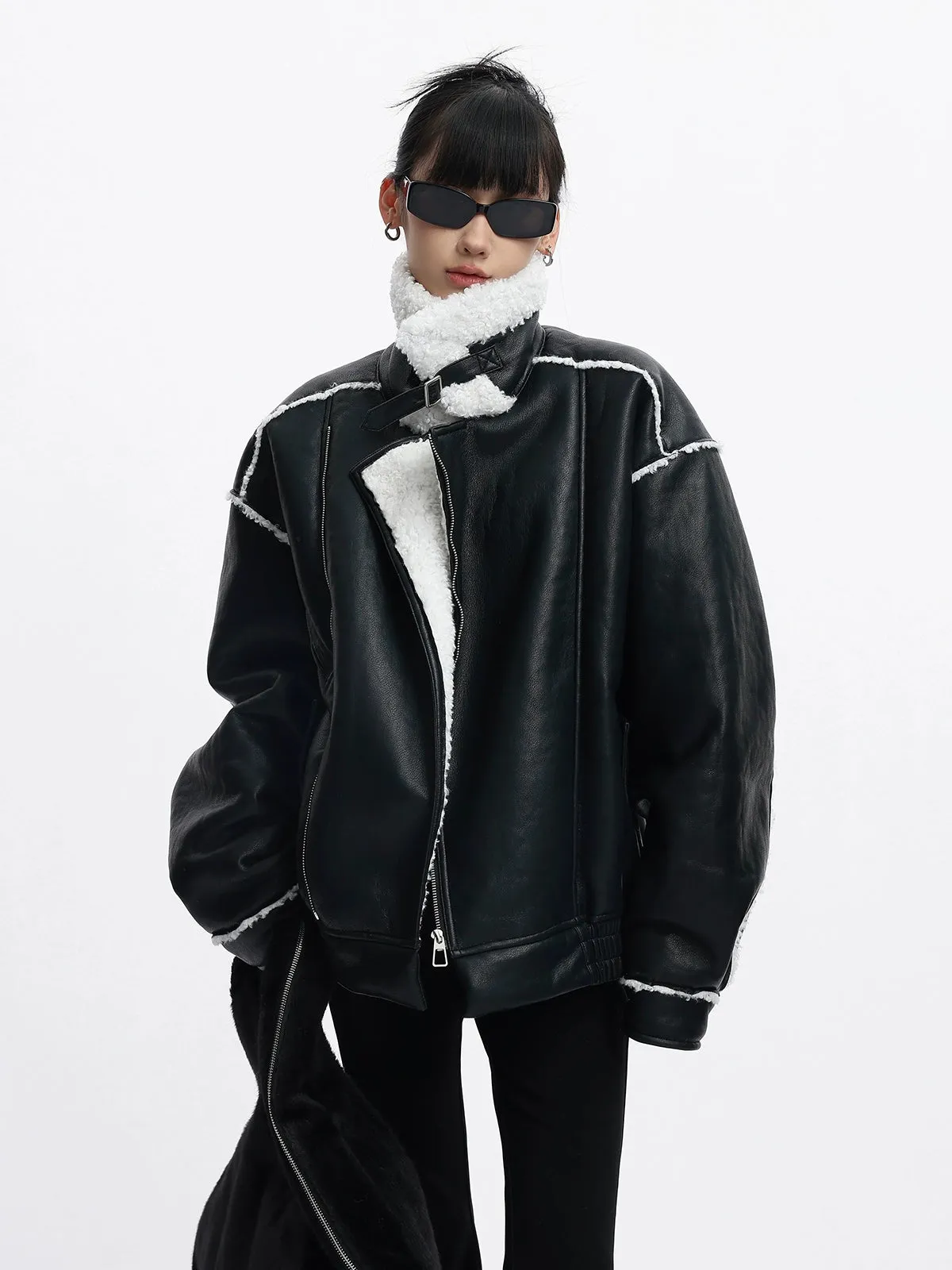 Oversized Faux Leather Jacket with Sherpa Lining and Trim