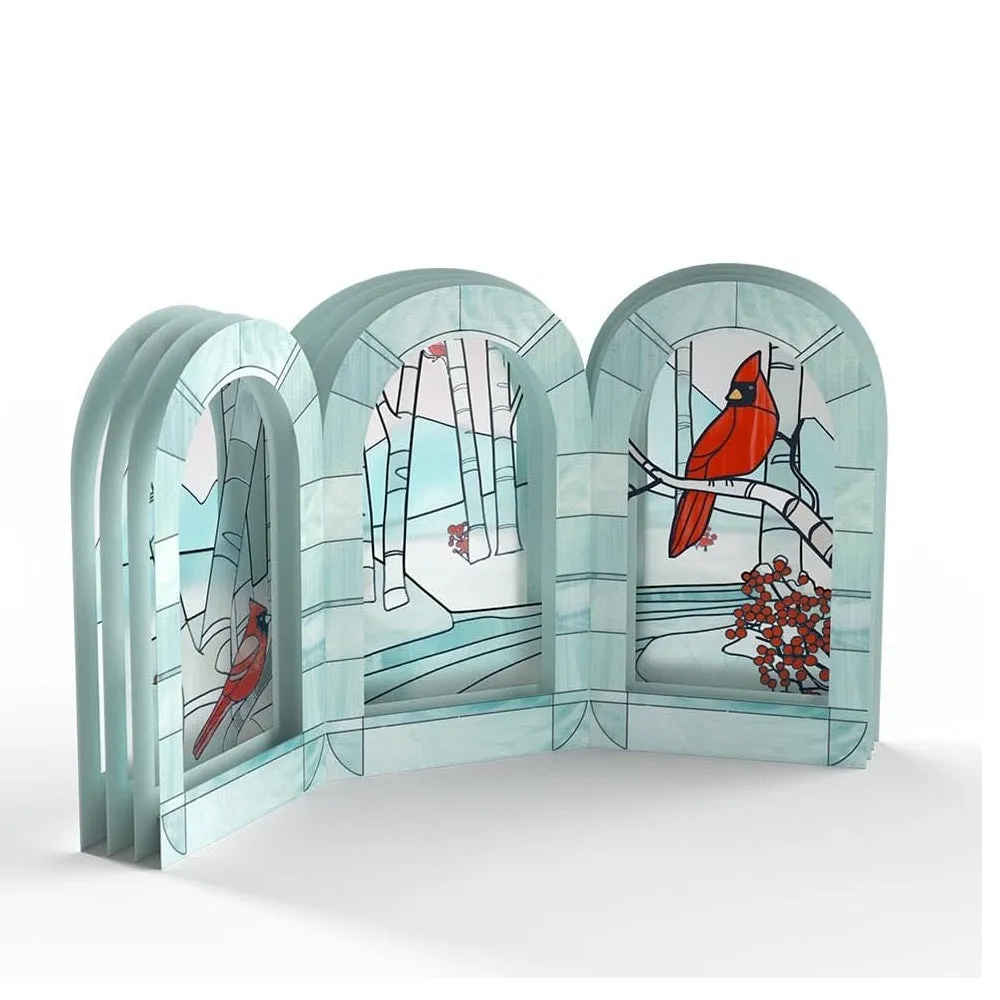 Pop Up Stained Glass Display Decor Winter Cardinal