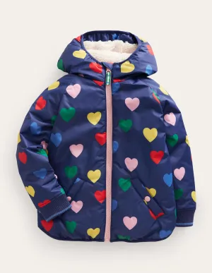 Printed Sherpa Lined Anorak-Navy Hearts
