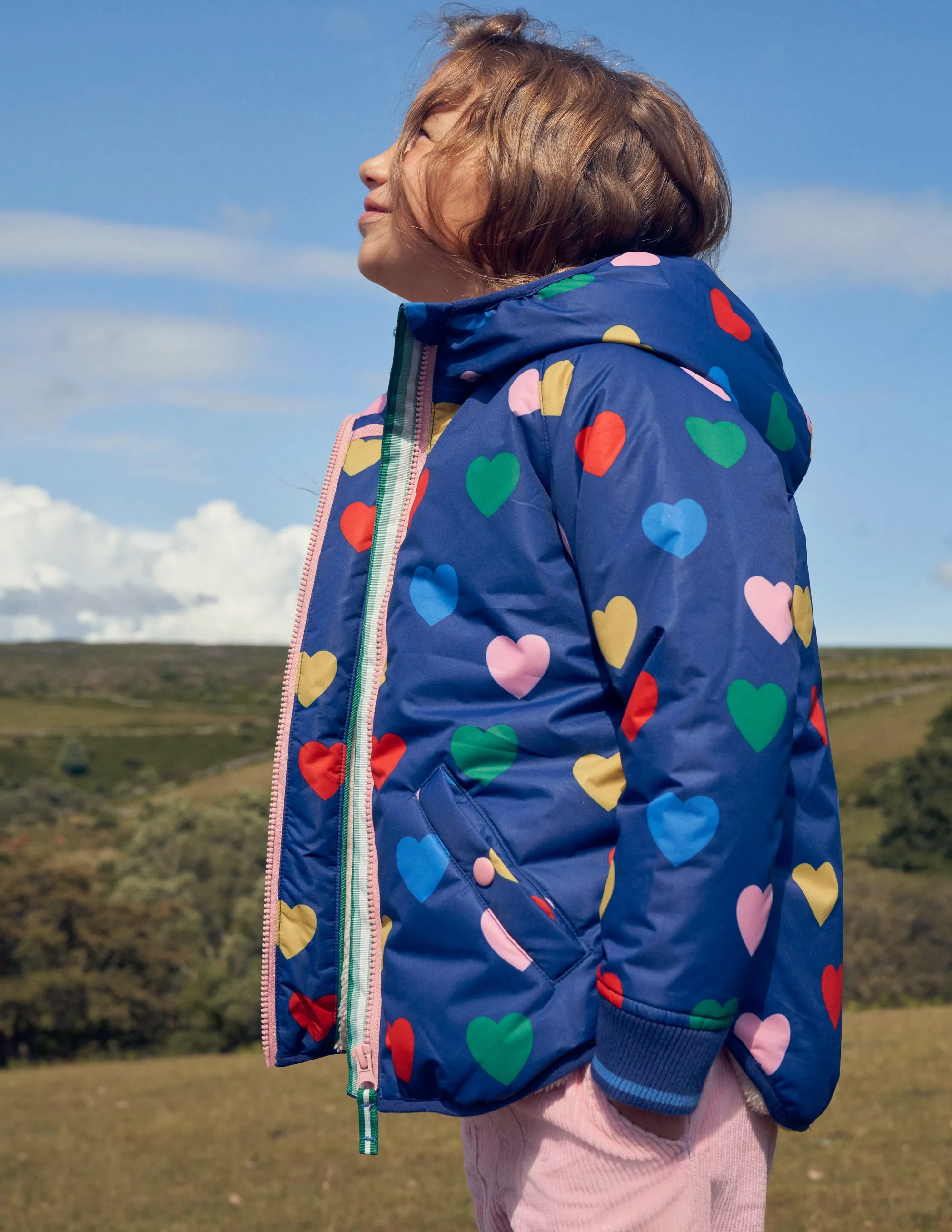 Printed Sherpa Lined Anorak-Navy Hearts