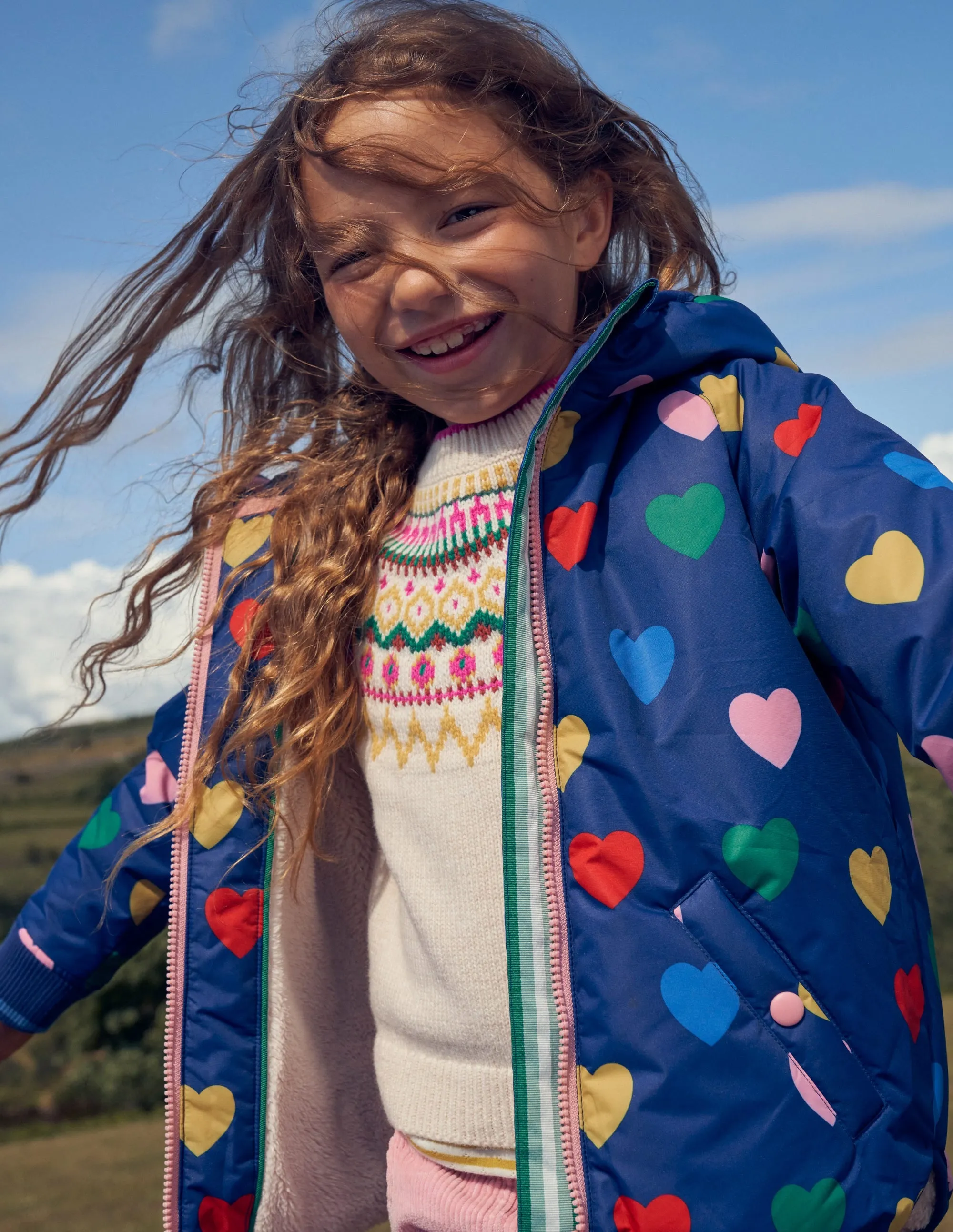 Printed Sherpa Lined Anorak-Navy Hearts