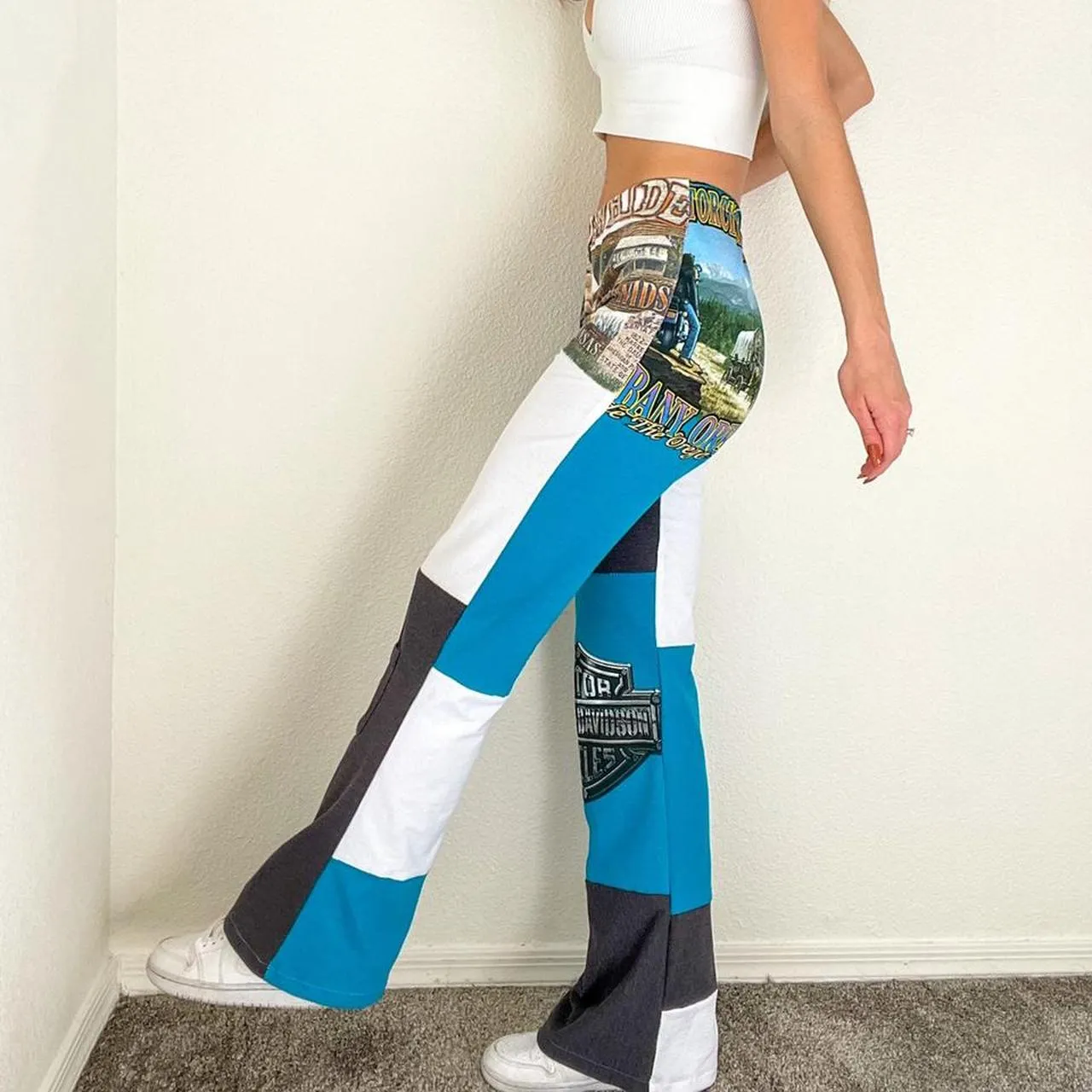 Reworked Blue Grey Harley Patchwork Pants