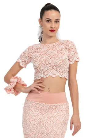 Salmon Pink Floral Lace Crop Top