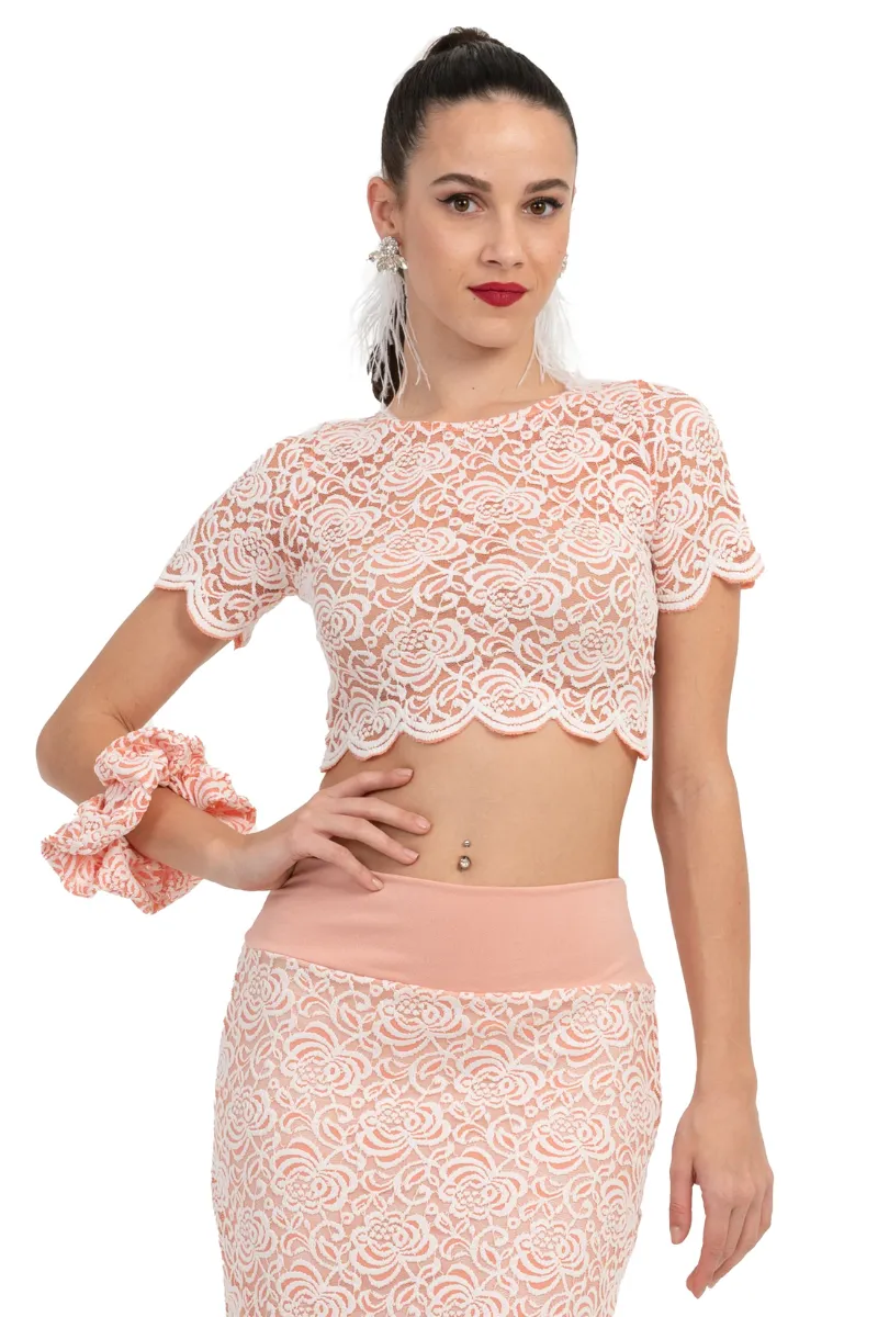 Salmon Pink Floral Lace Crop Top