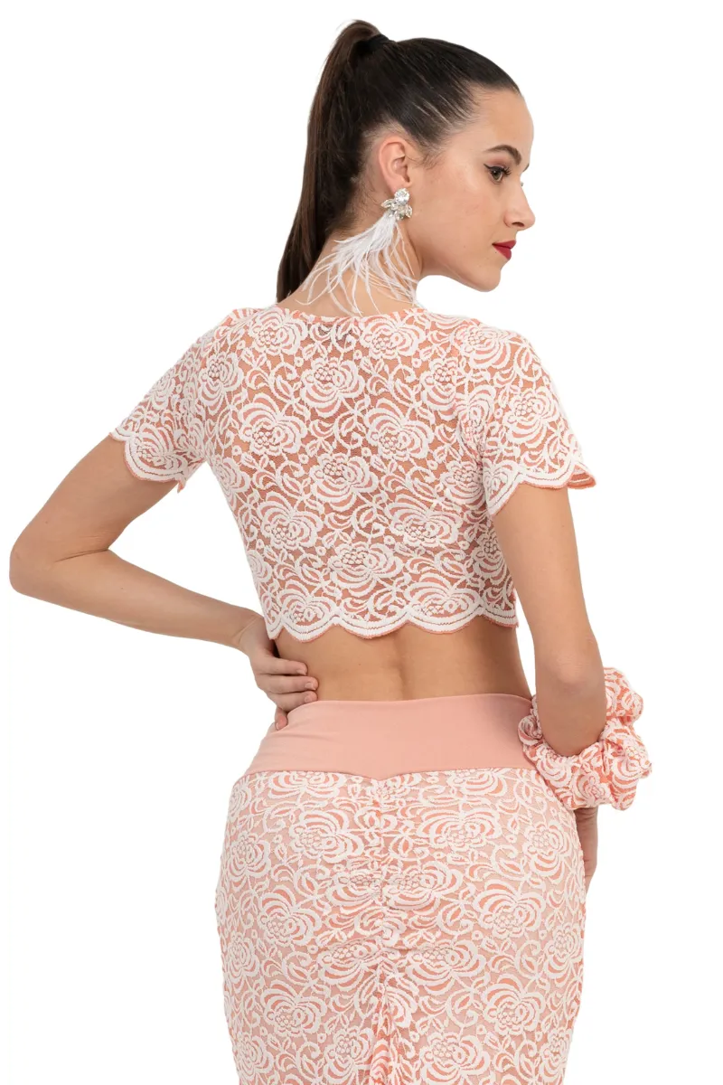 Salmon Pink Floral Lace Crop Top