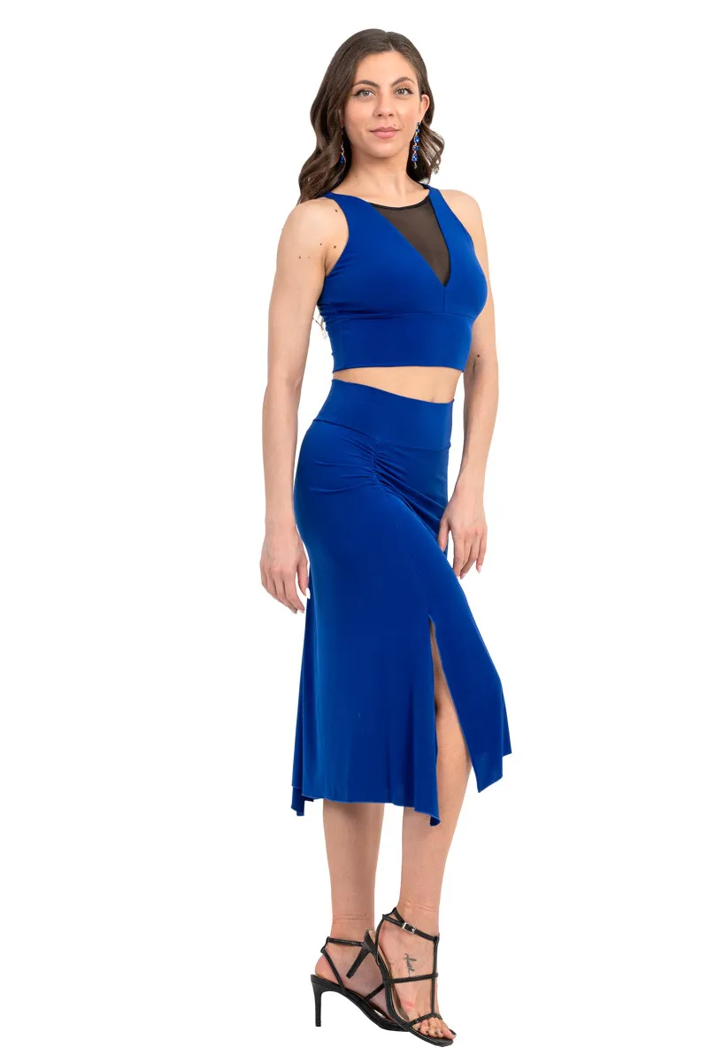 Sleeveless Crop Top With Mesh V Neckline