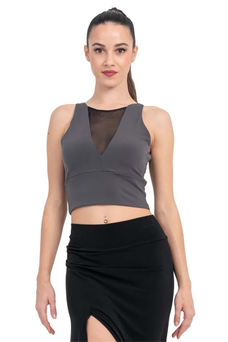 Sleeveless Crop Top With Mesh V Neckline