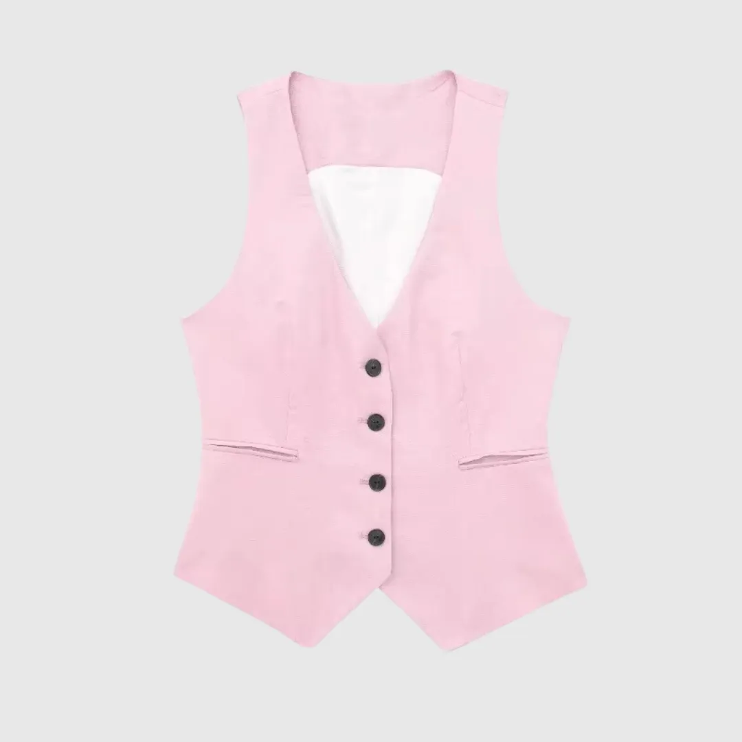 Women Cotton Linen Waistcoat Blazer And Pants Set